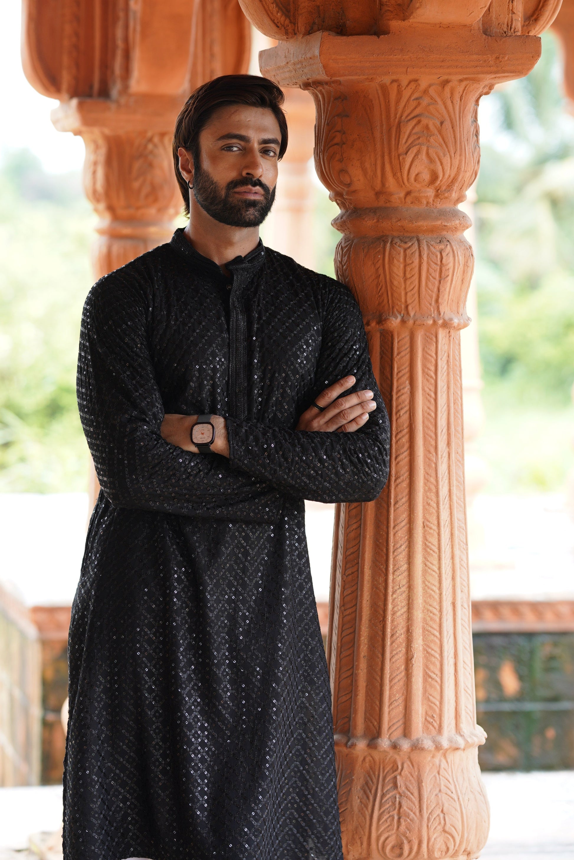 Men’s Black Viscose Kurta with Sequin Detailing