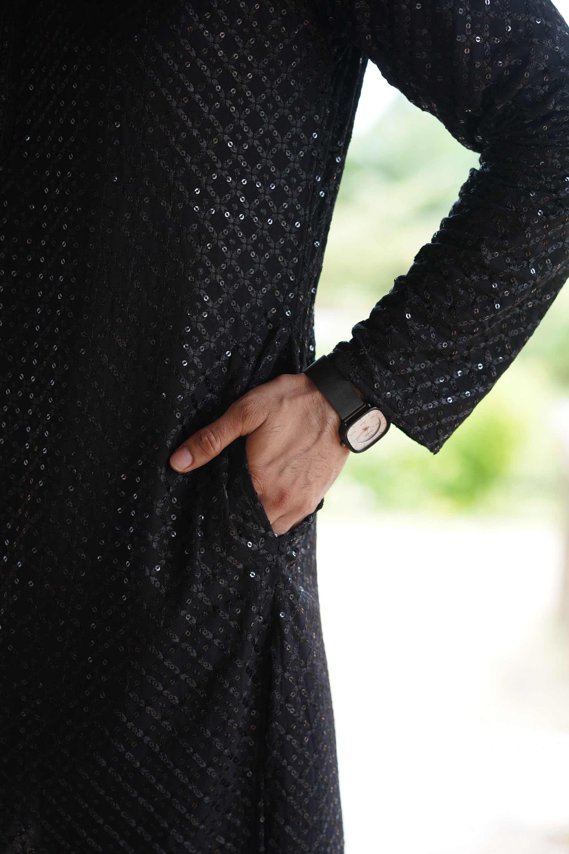 Men’s Black Viscose Kurta with Sequin Detailing