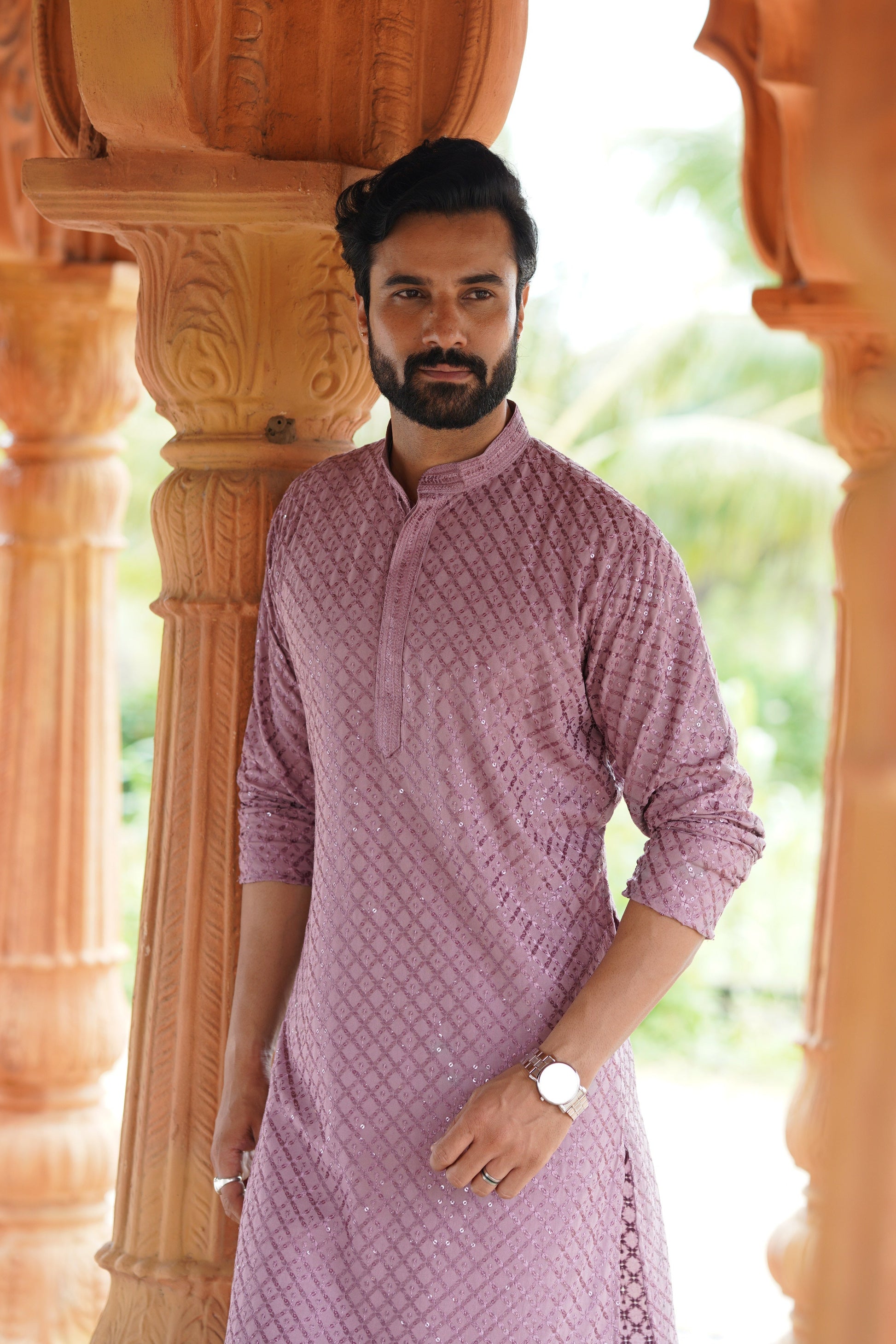 Men’s Mauve Viscose Kurta with Sequin Detailing