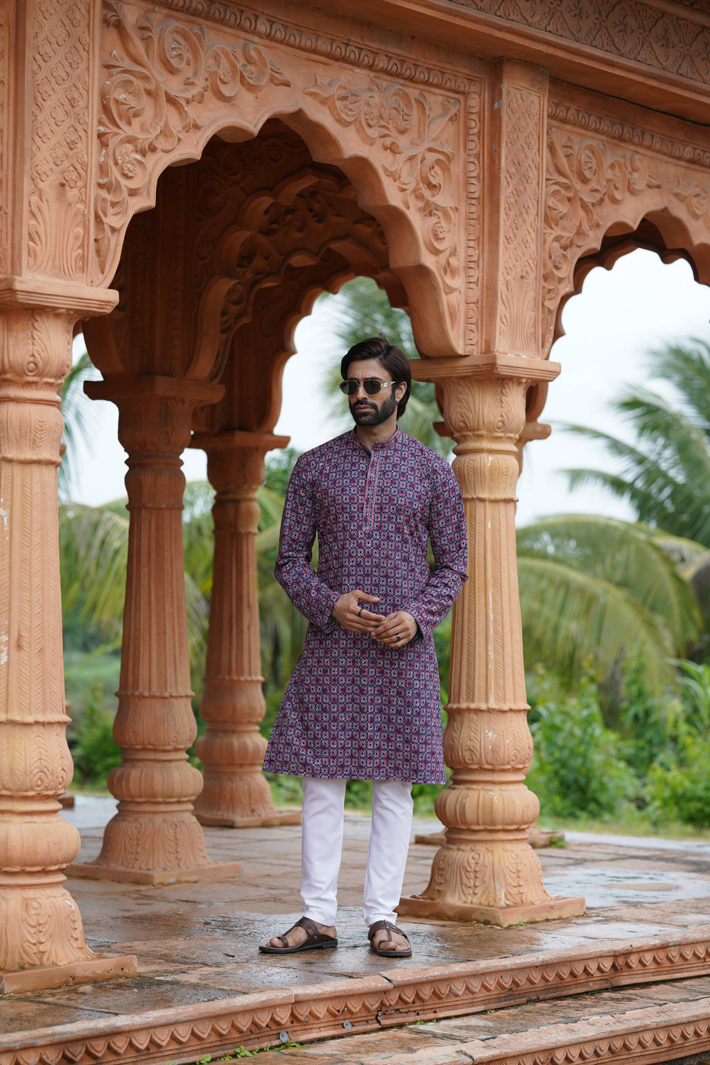Regal Men’s Grid Print Chikankari Embroidered Kurta