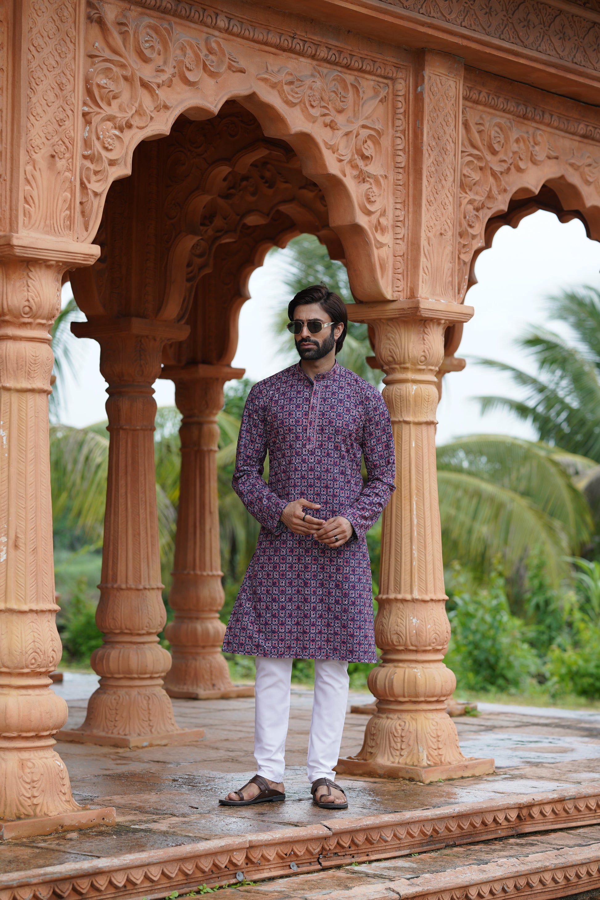 Regal Men’s Grid Print Chikankari Embroidered Kurta