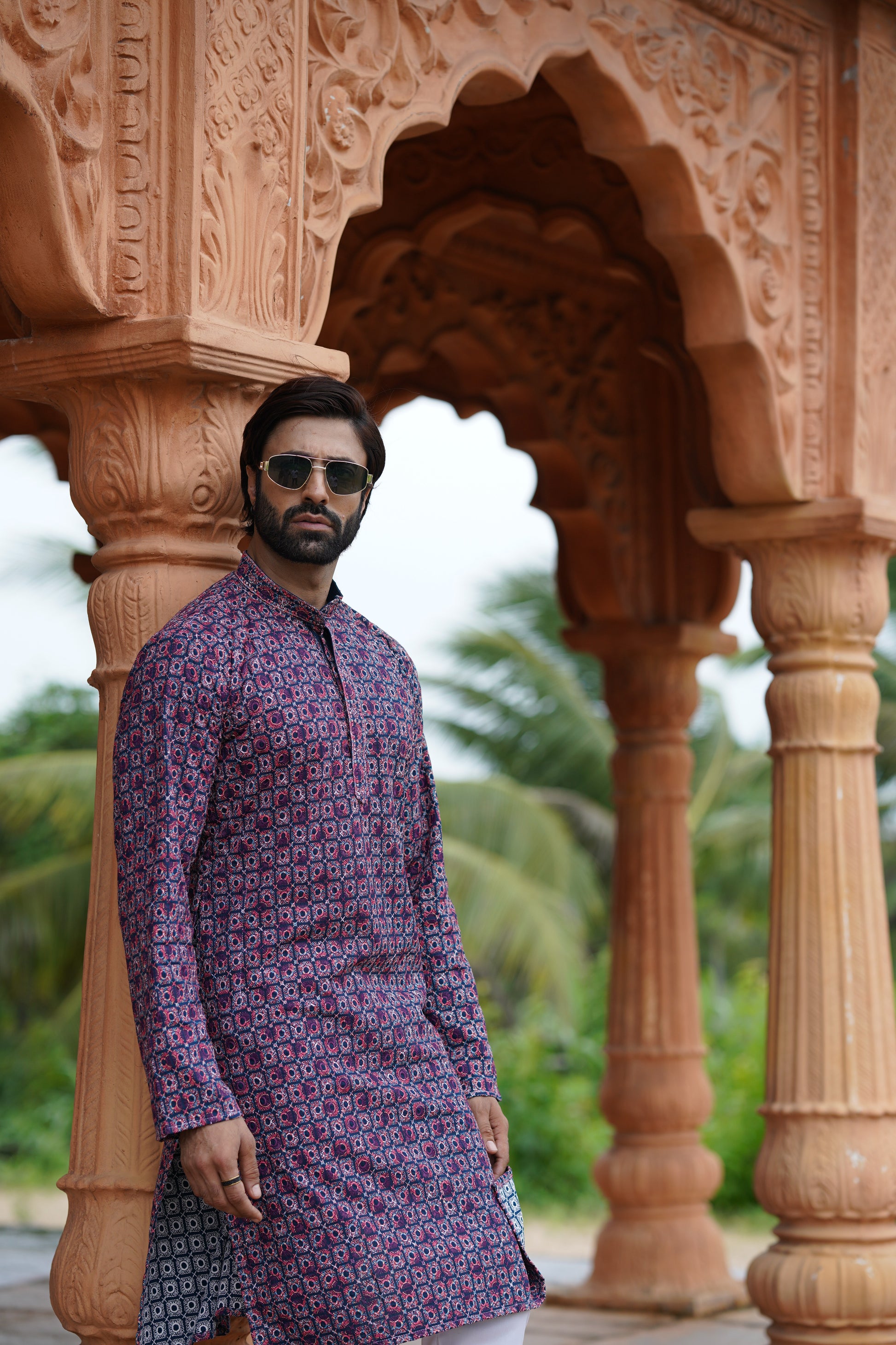 Regal Men’s Grid Print Chikankari Embroidered Kurta