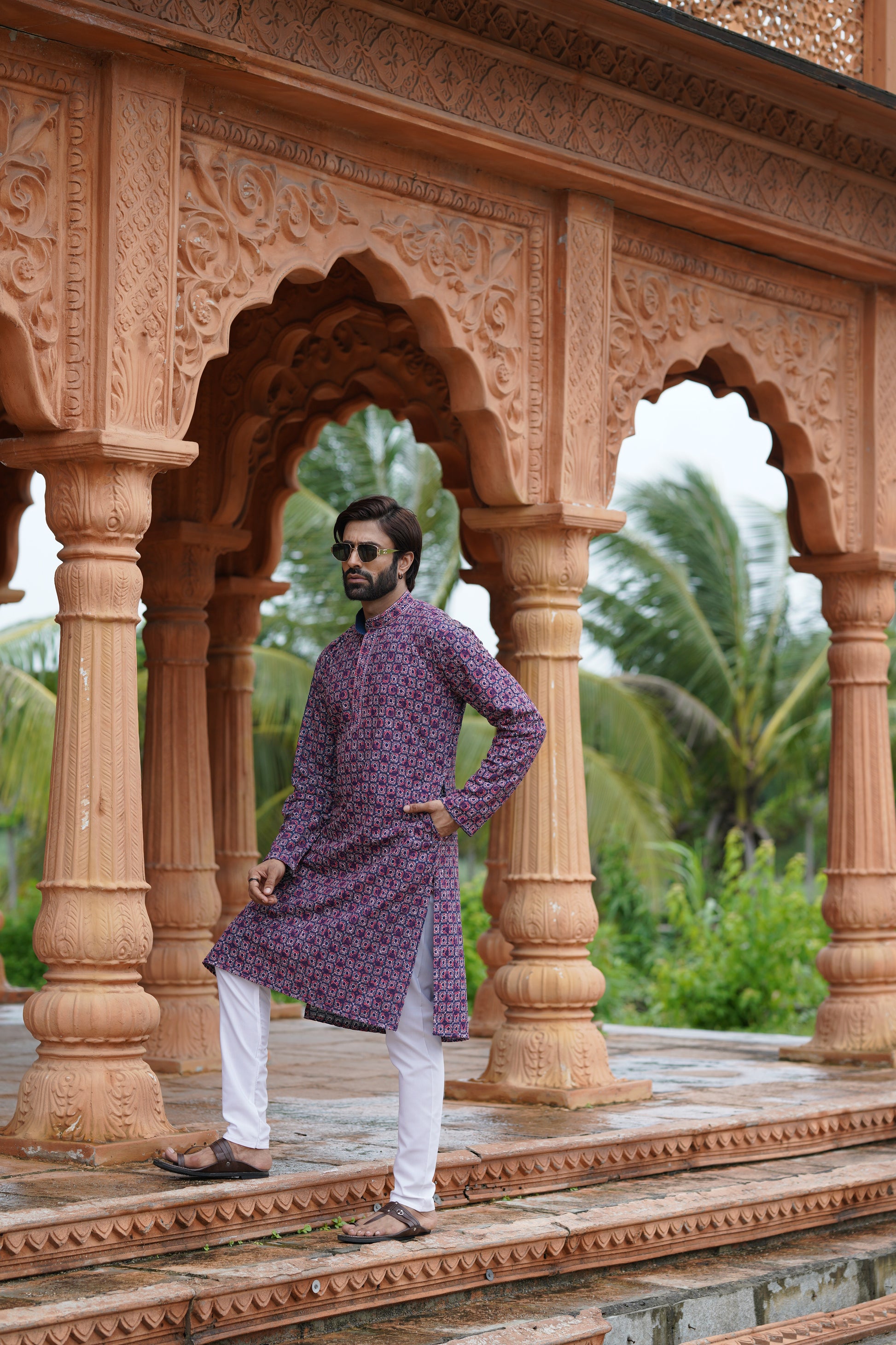 Regal Men’s Grid Print Chikankari Embroidered Kurta