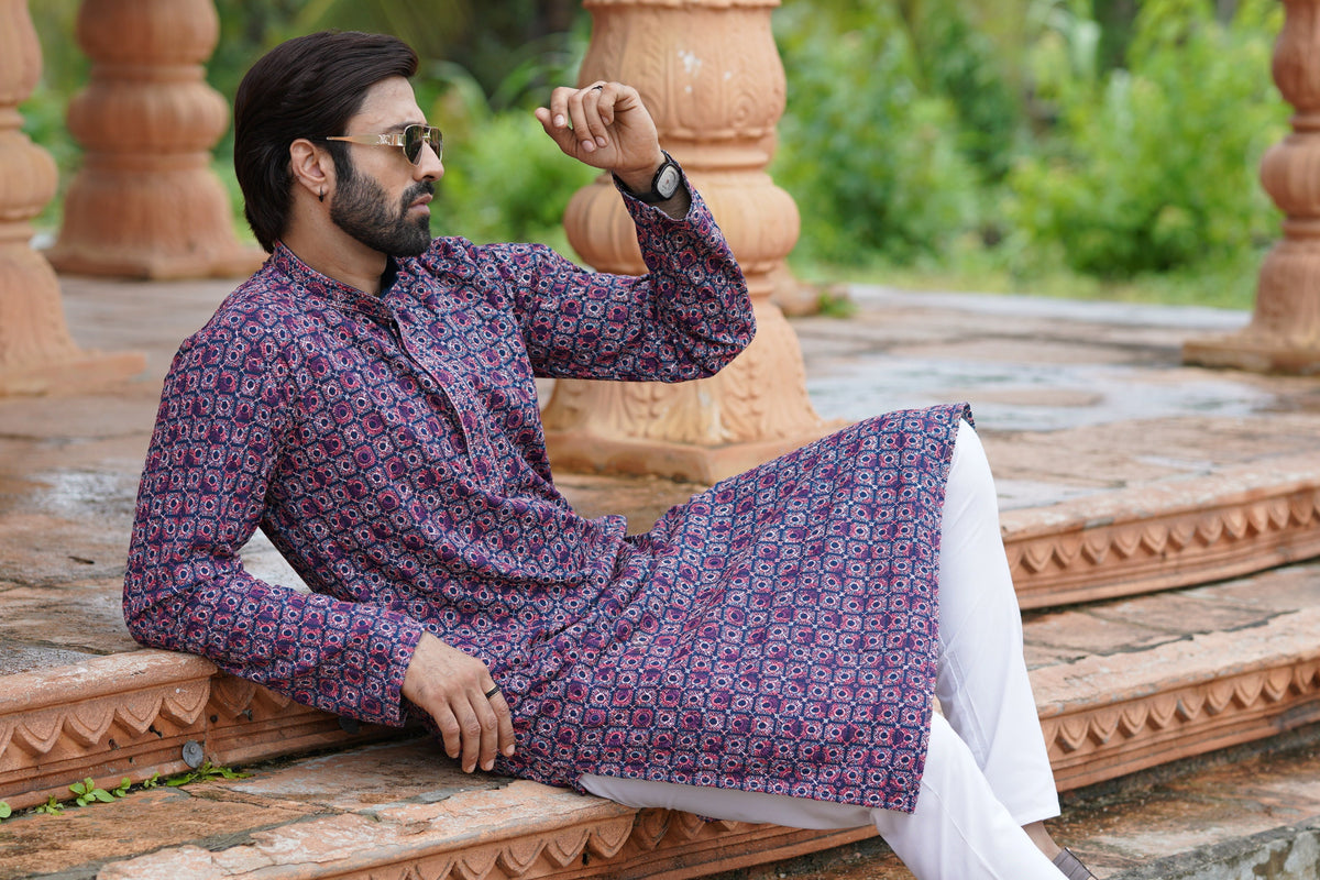 Regal Men’s Grid Print Chikankari Embroidered Kurta