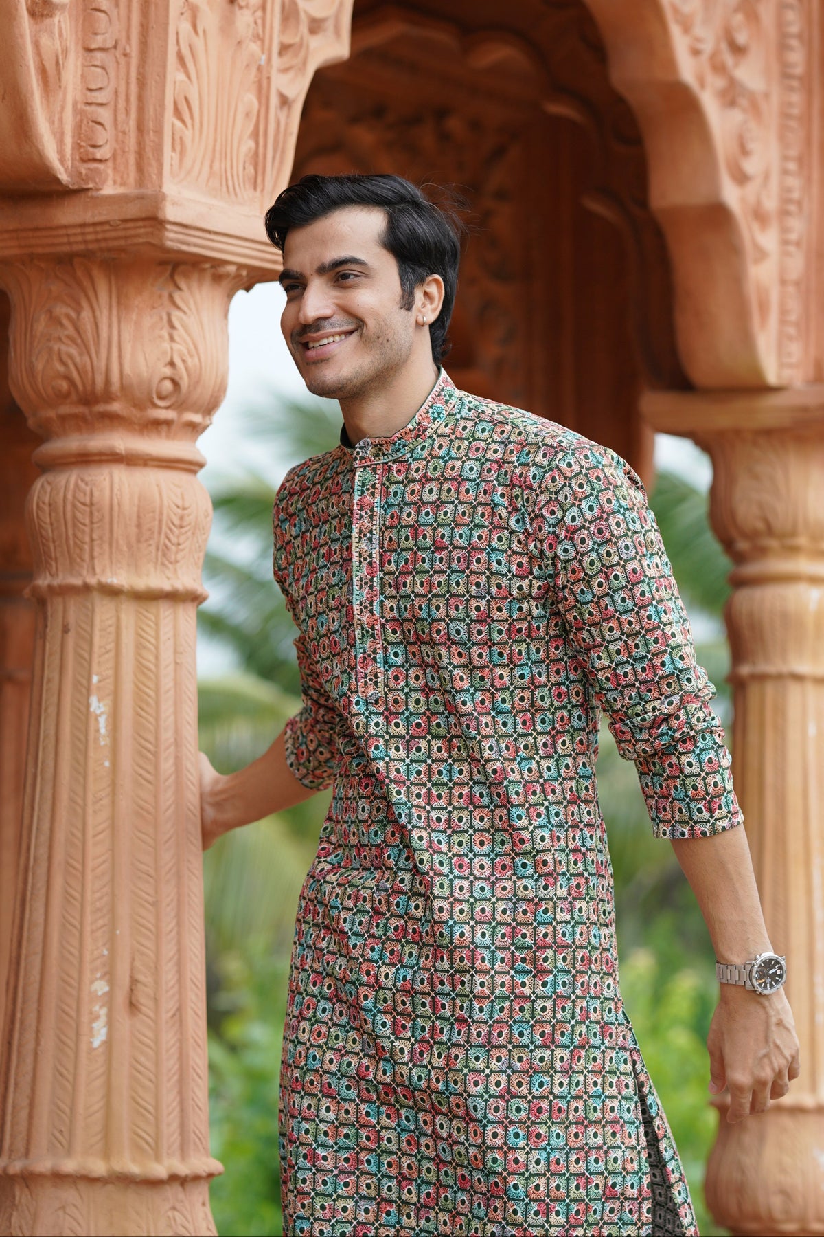 Green Men’s Grid Print Chikankari Embroidered Kurta