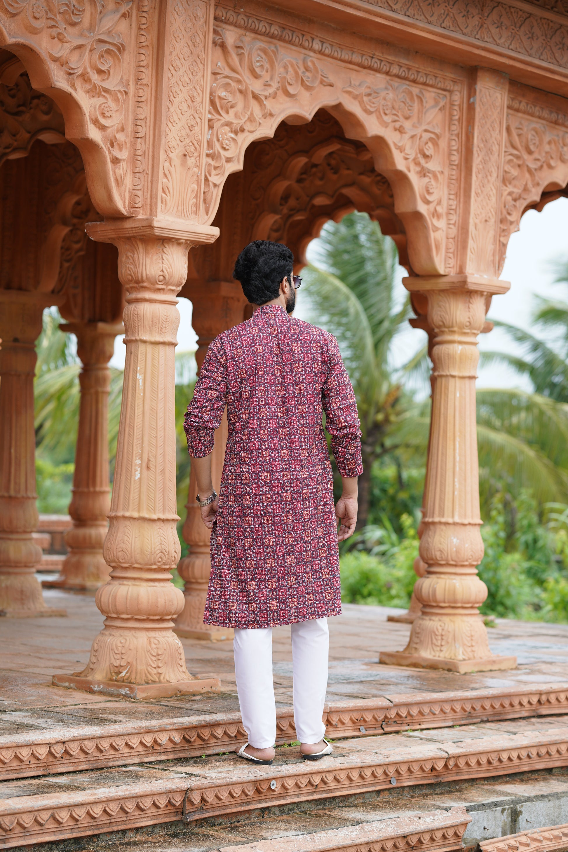 Red Men’s Grid Print Chikankari Embroidered Kurta