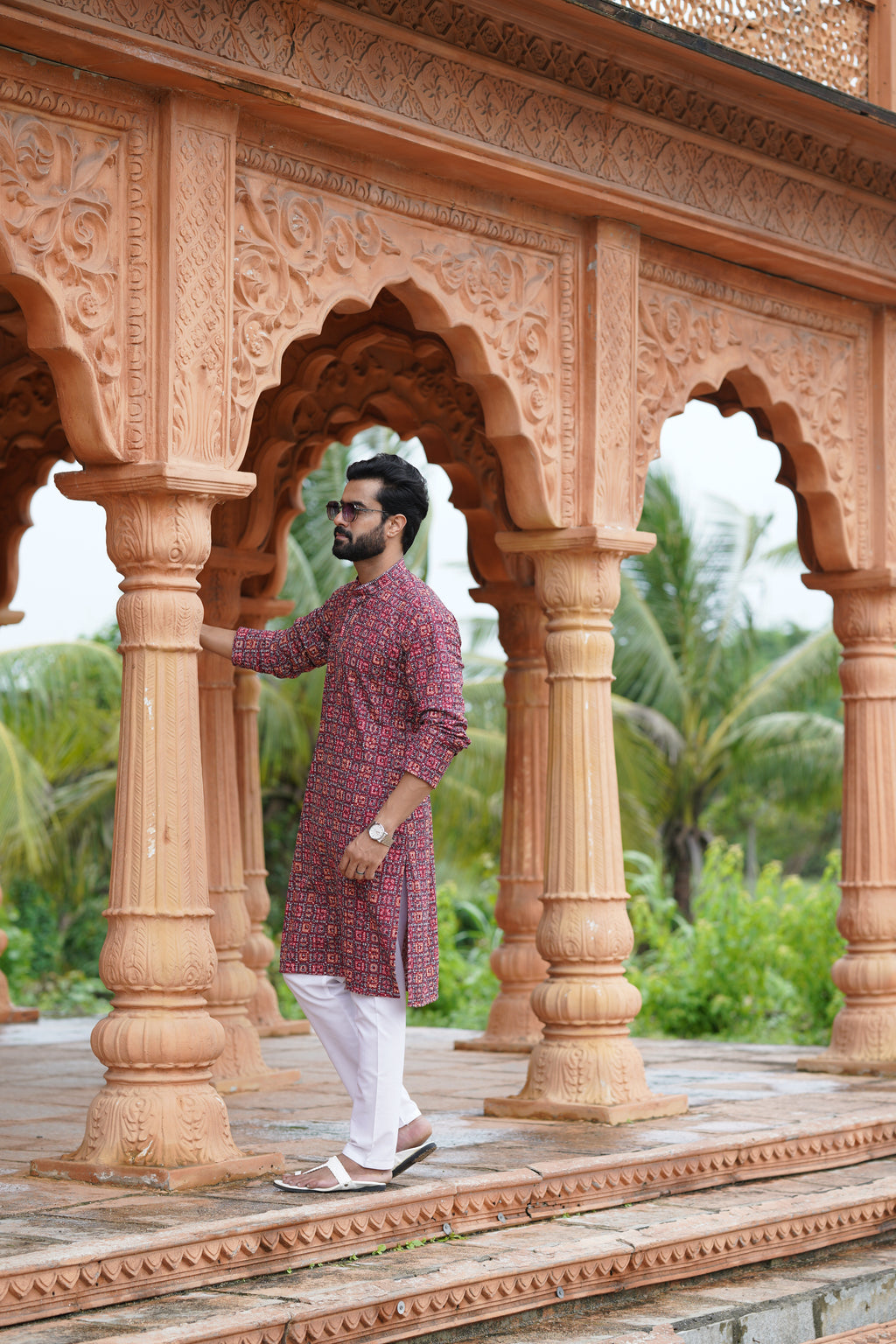 Red Men’s Grid Print Chikankari Embroidered Kurta