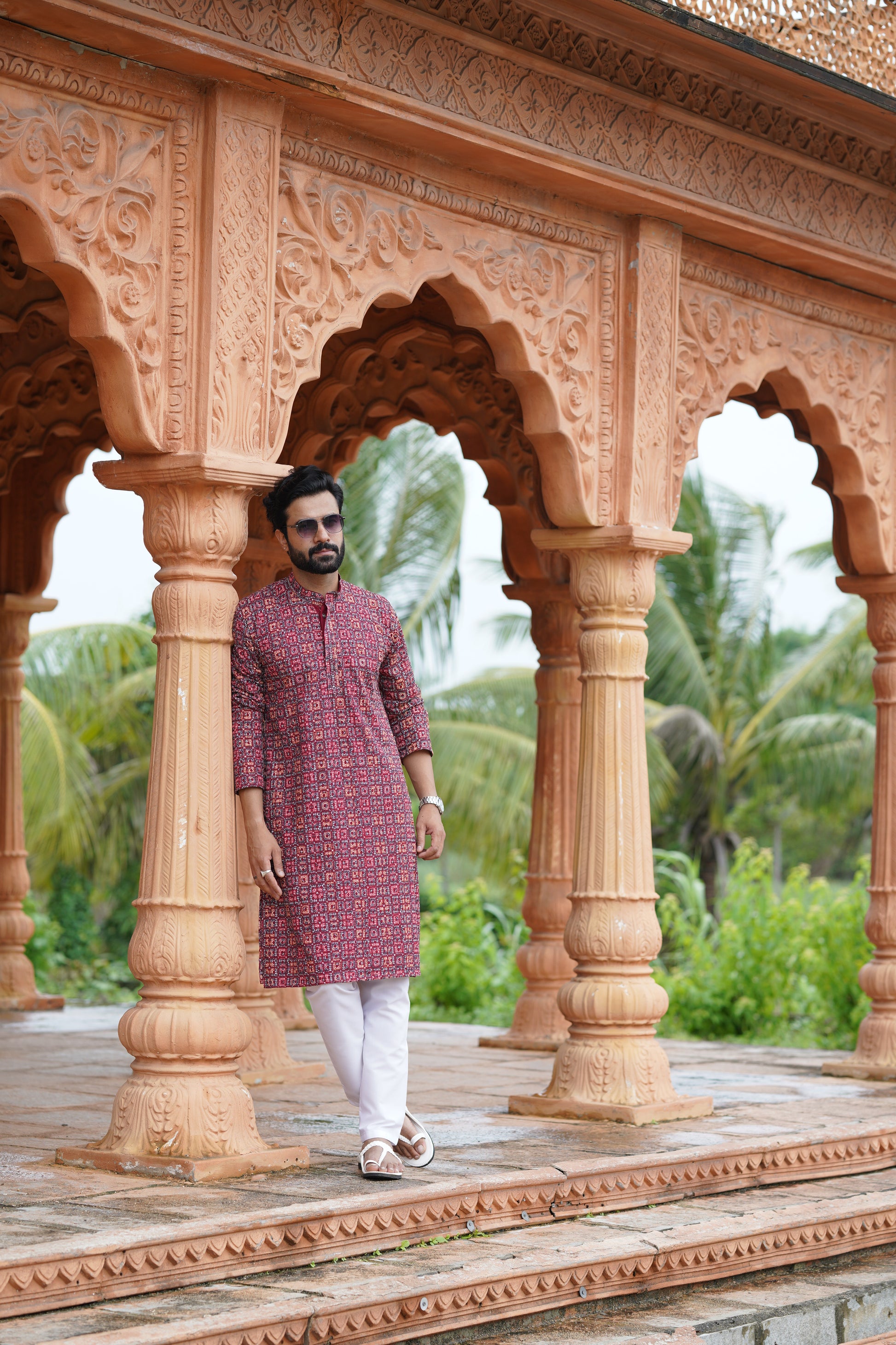Red Men’s Grid Print Chikankari Embroidered Kurta