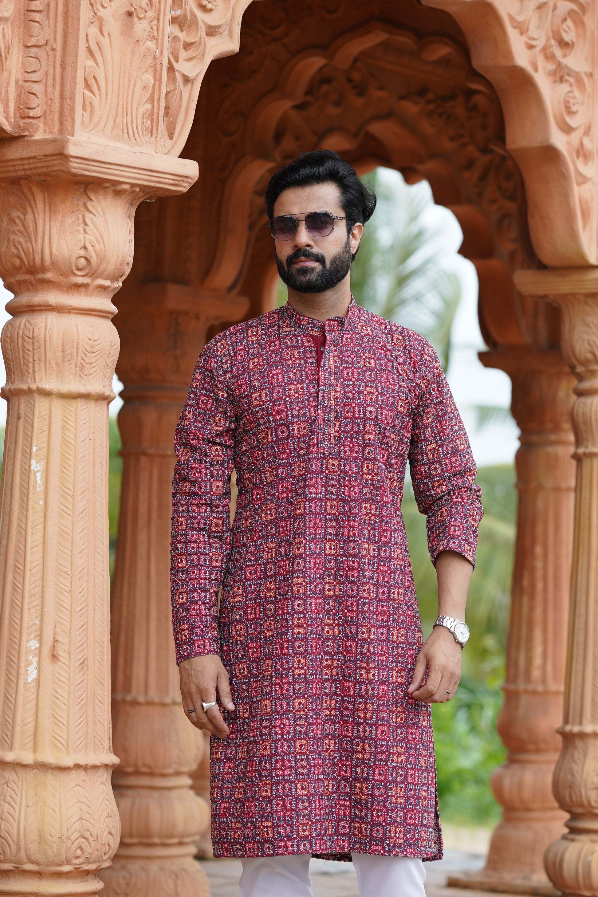 Red Men’s Grid Print Chikankari Embroidered Kurta