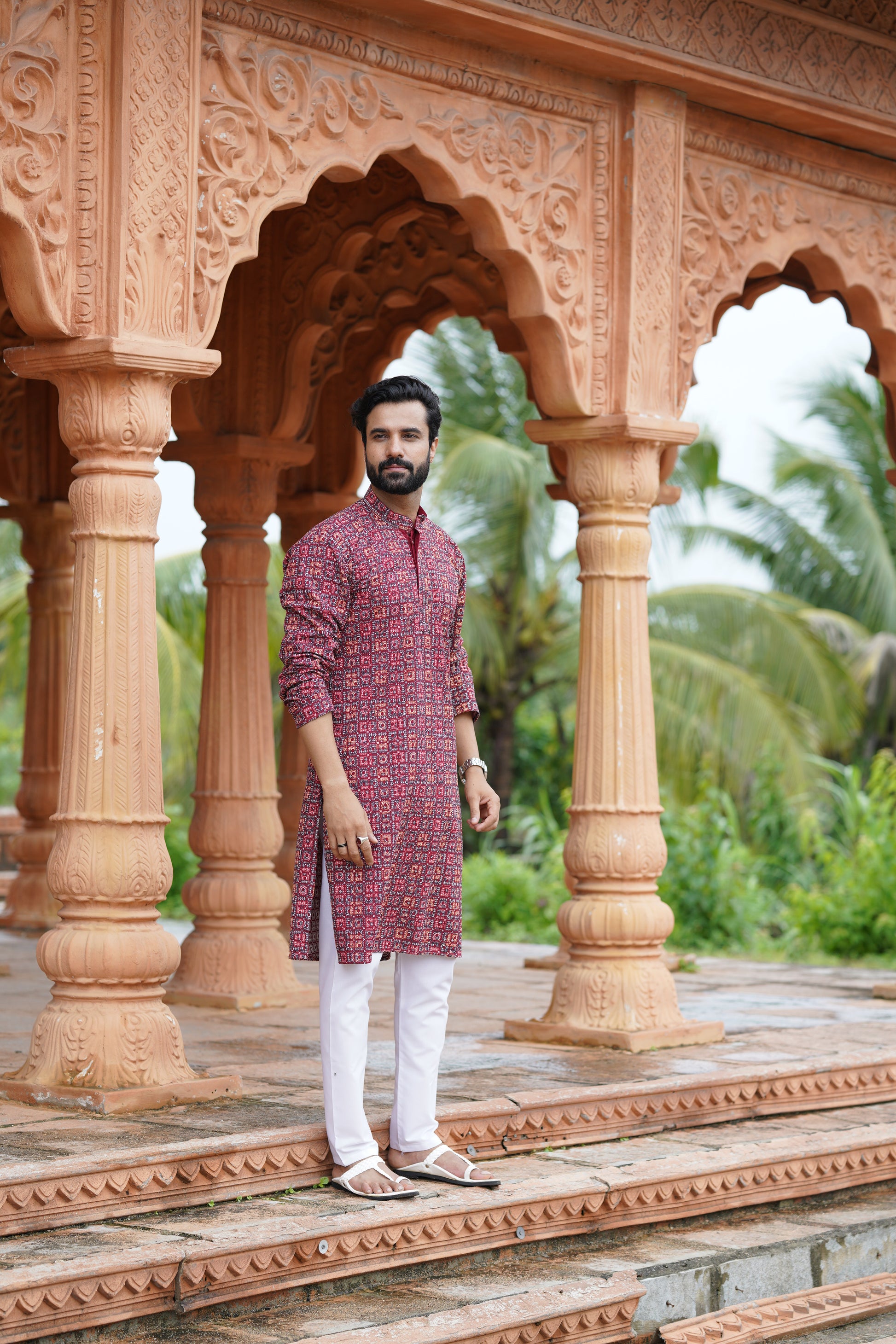 Red Men’s Grid Print Chikankari Embroidered Kurta