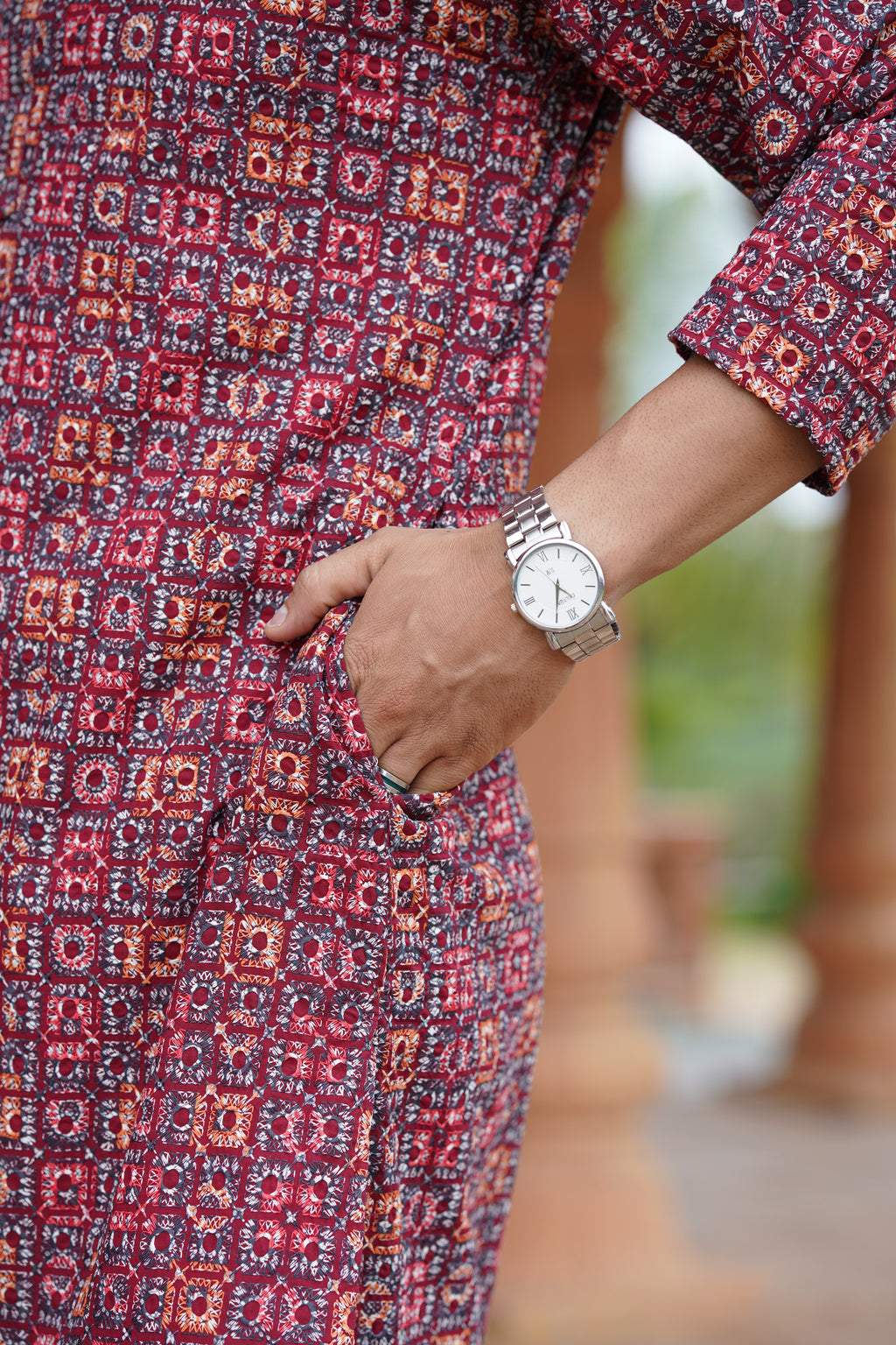 Red Men’s Grid Print Chikankari Embroidered Kurta