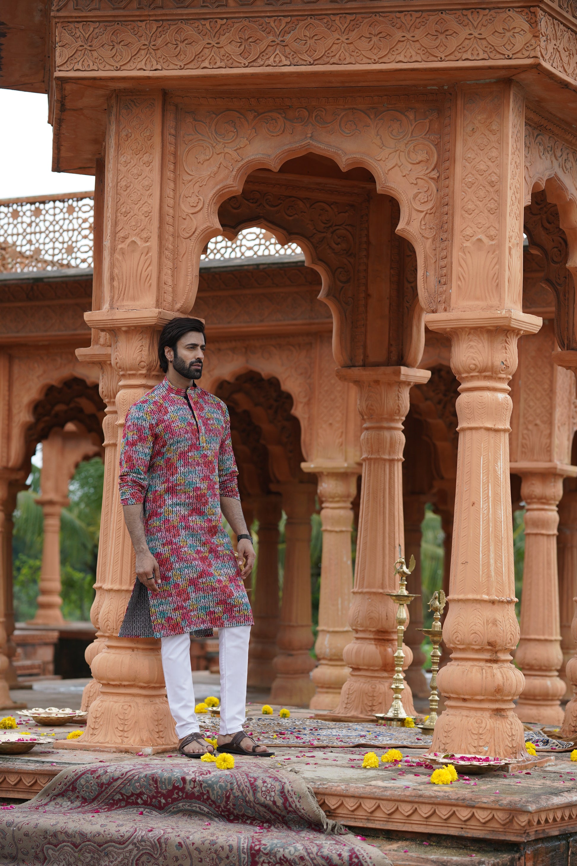 Multicolour Men’s Grid Print Chikankari Embroidered Kurta