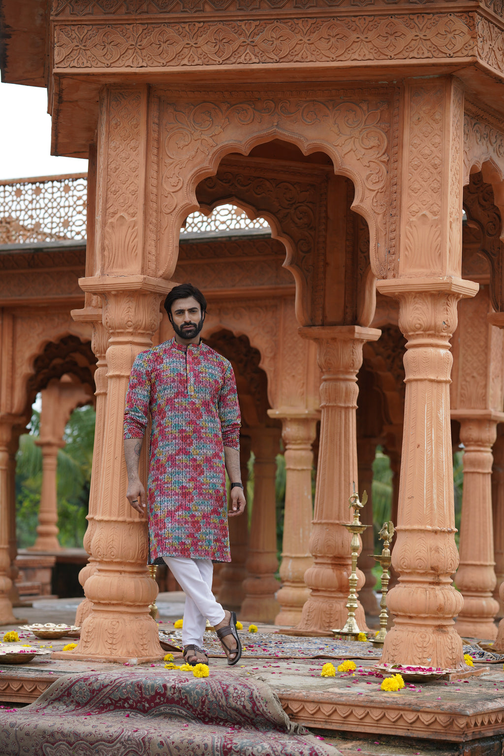 Multicolour Men’s Grid Print Chikankari Embroidered Kurta