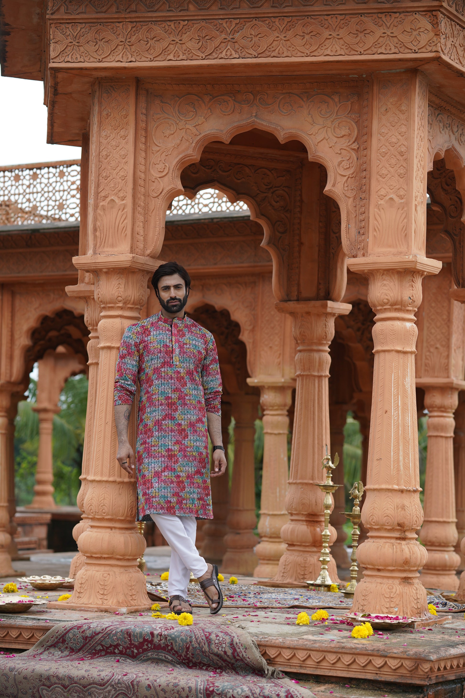Multicolour Men’s Grid Print Chikankari Embroidered Kurta