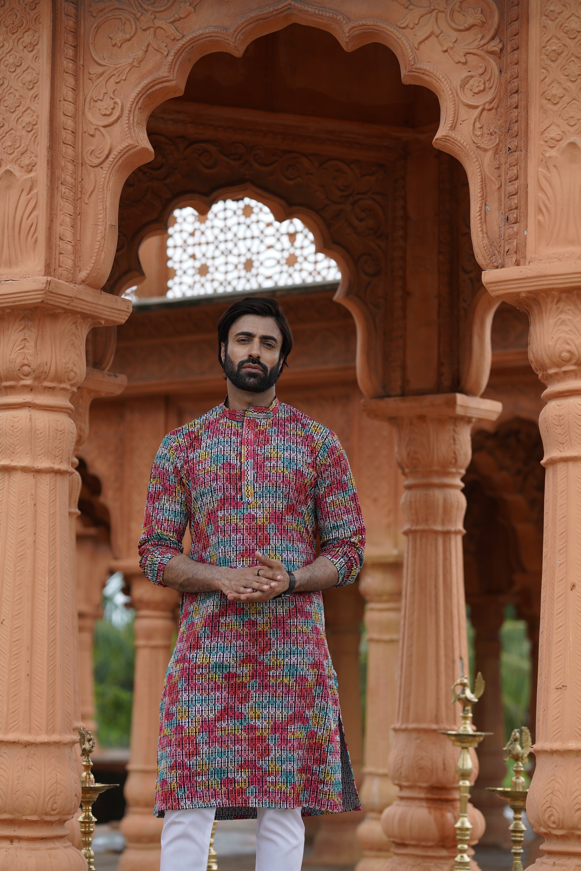 Multicolour Men’s Grid Print Chikankari Embroidered Kurta