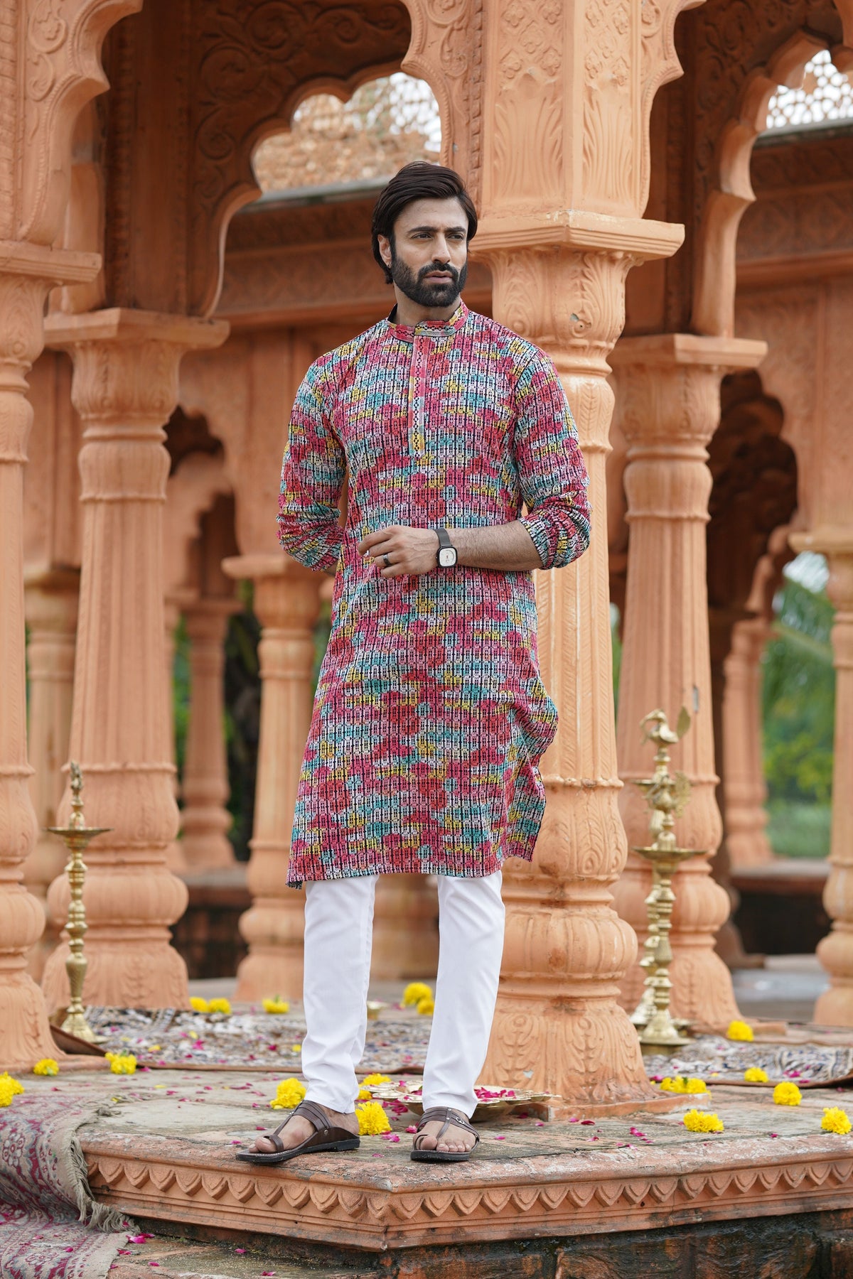 Multicolour Men’s Grid Print Chikankari Embroidered Kurta