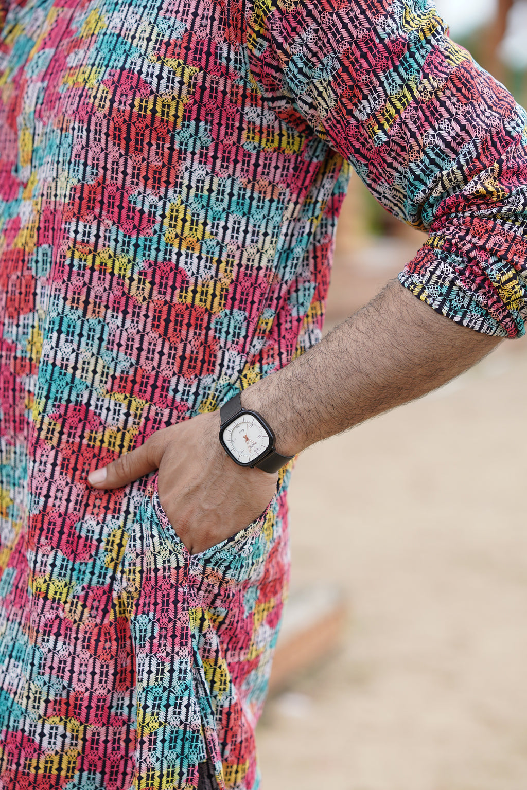 Multicolour Men’s Grid Print Chikankari Embroidered Kurta