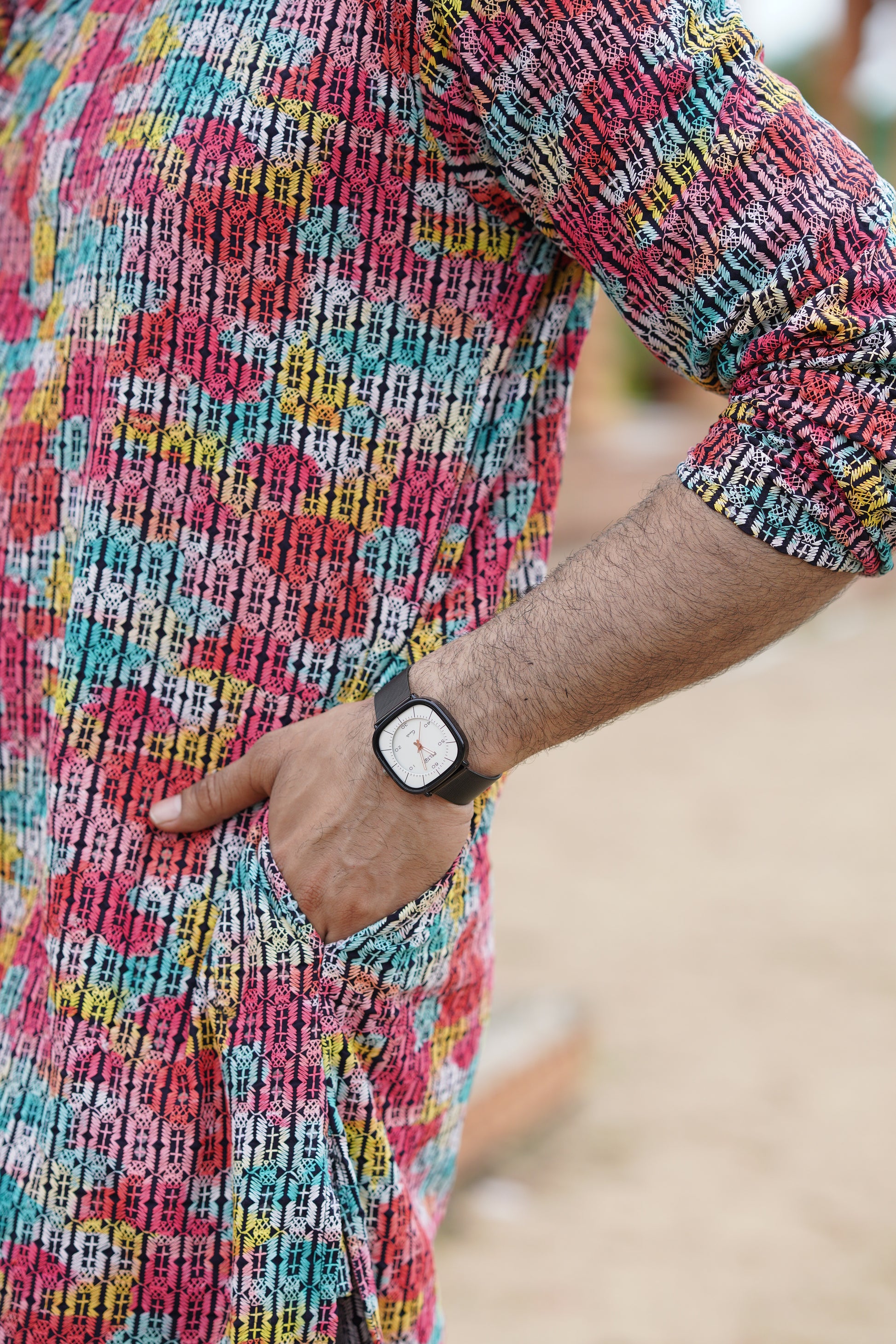 Multicolour Men’s Grid Print Chikankari Embroidered Kurta