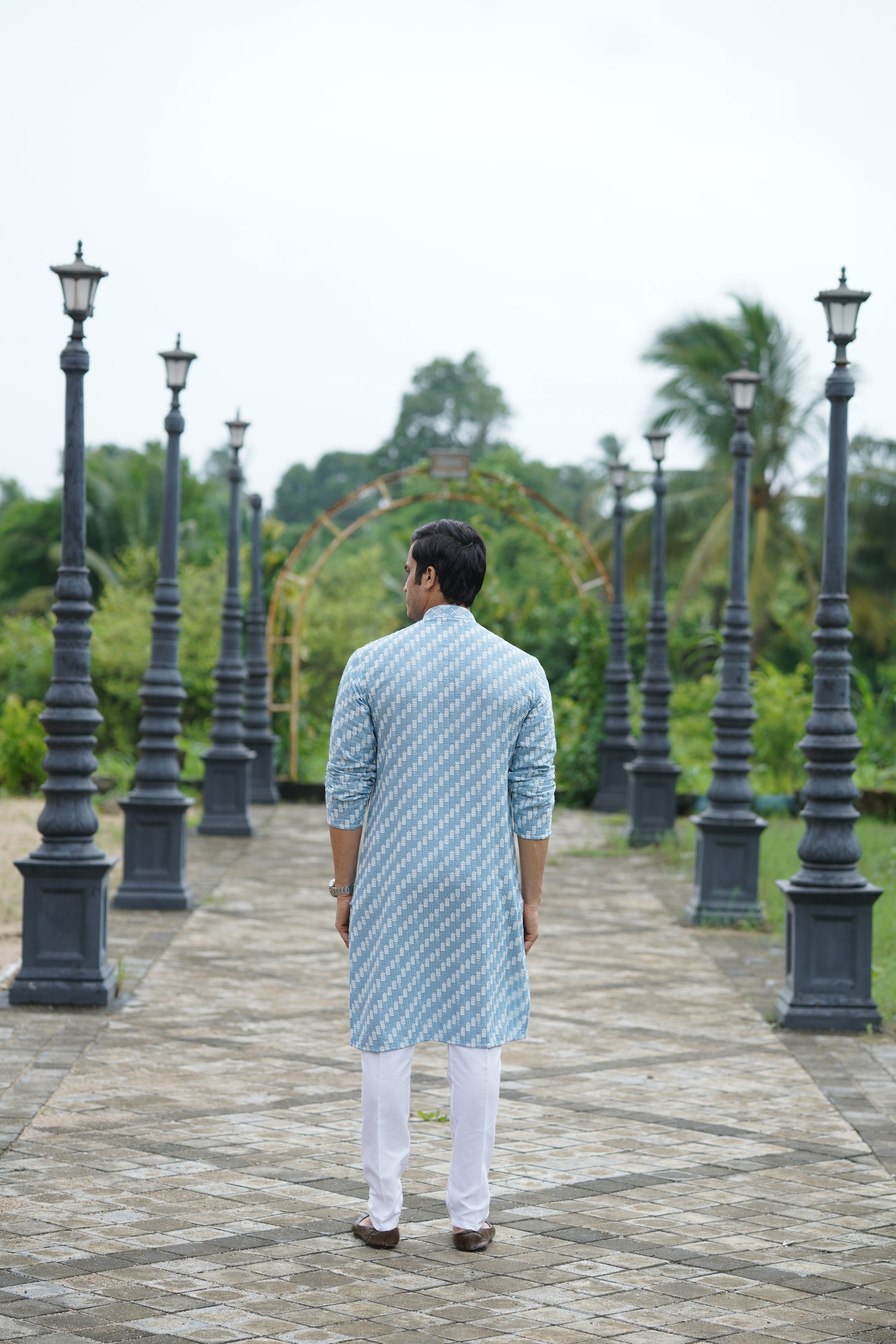 Blue Designer Lucknowi Embroidered Men's Kurta Pyjama Set