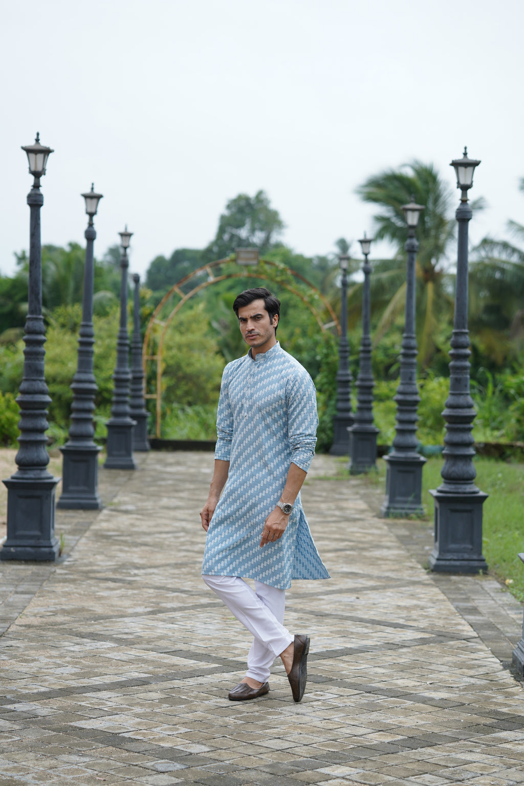 Blue Designer Lucknowi Embroidered Men's Kurta Pyjama Set