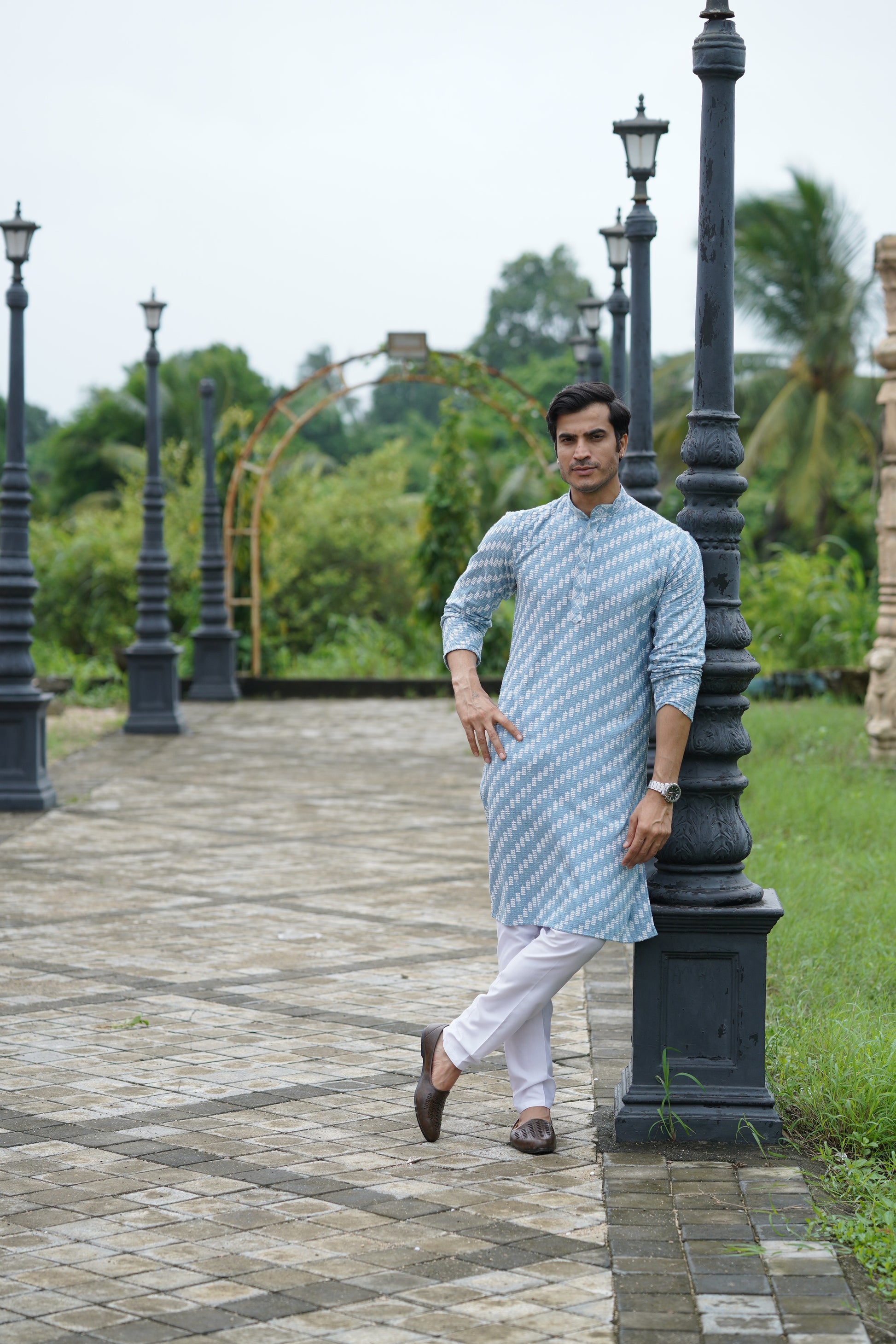 Blue Designer Lucknowi Embroidered Men's Kurta Pyjama Set