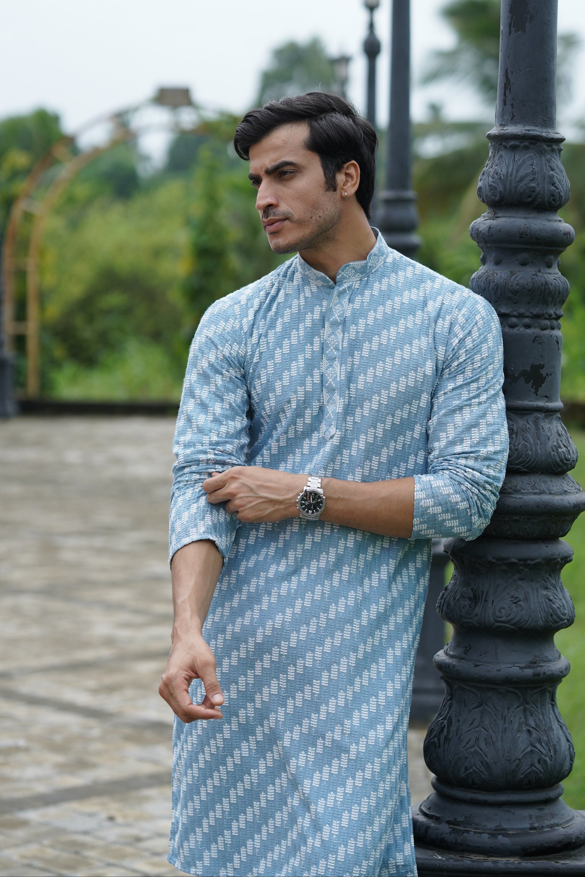 Blue Designer Lucknowi Embroidered Men's Kurta Pyjama Set