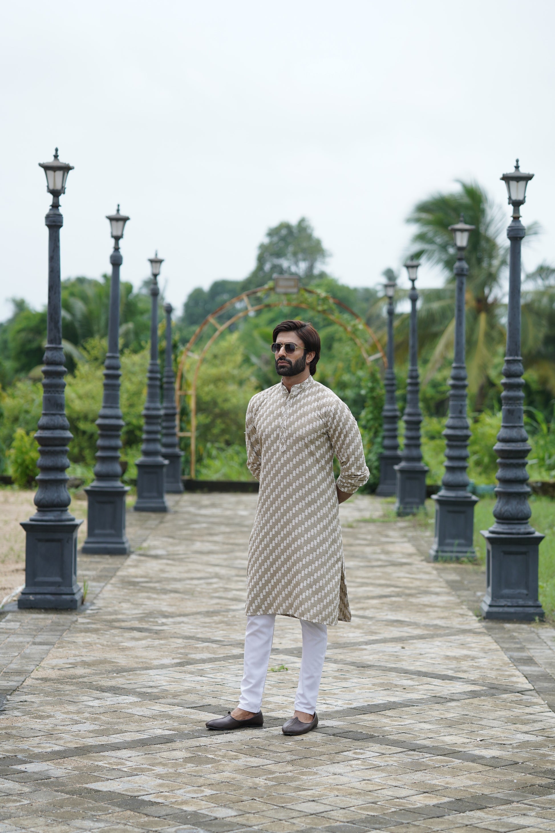 Dark Brown Designer Lucknowi Embroidered Men's Kurta Pyjama Set