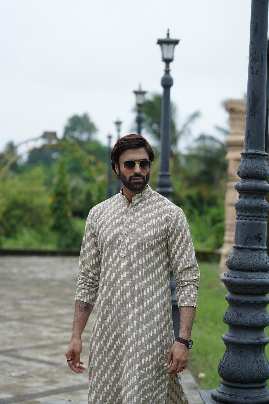Dark Brown Designer Lucknowi Embroidered Men's Kurta Pyjama Set