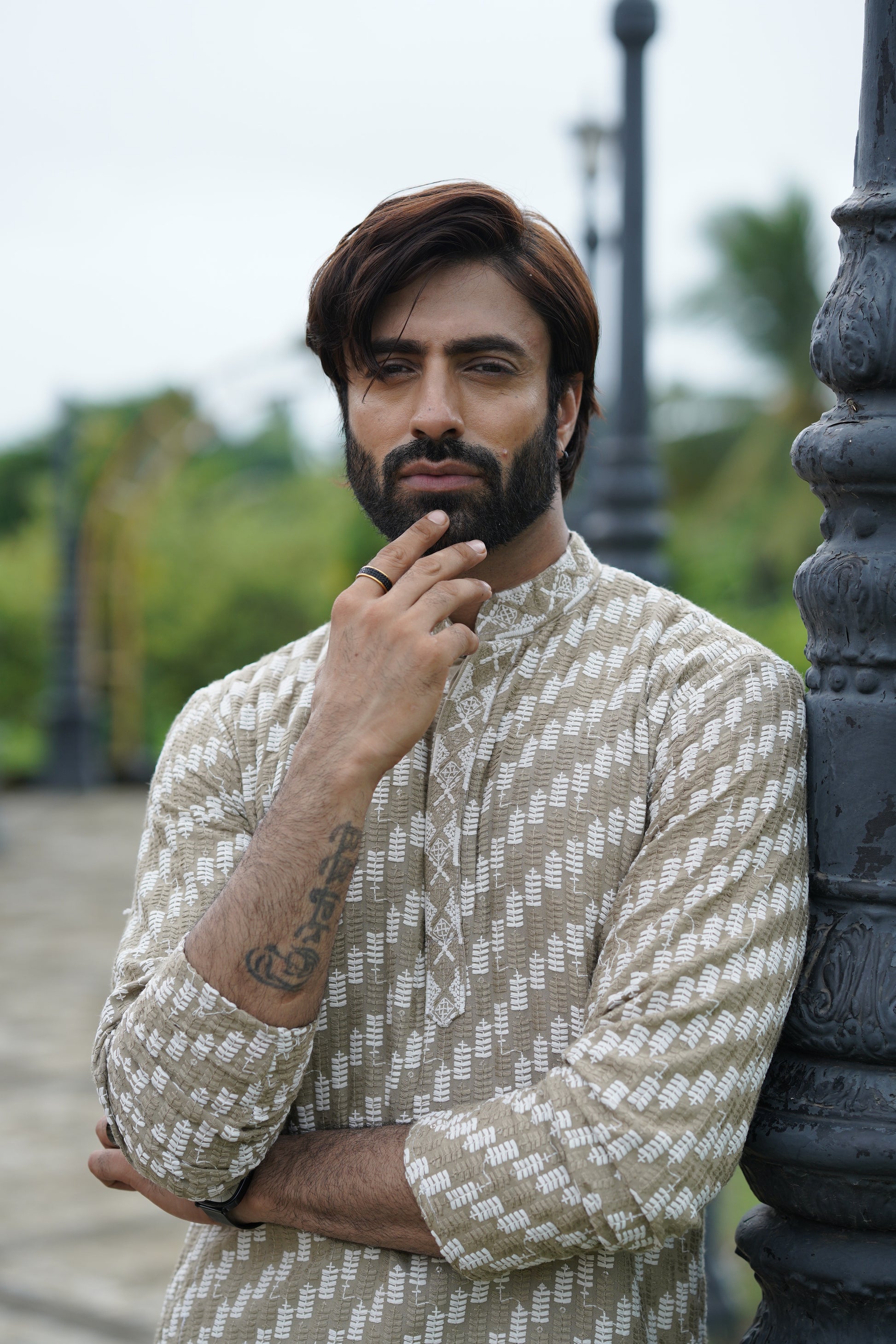 Dark Brown Designer Lucknowi Embroidered Men's Kurta Pyjama Set