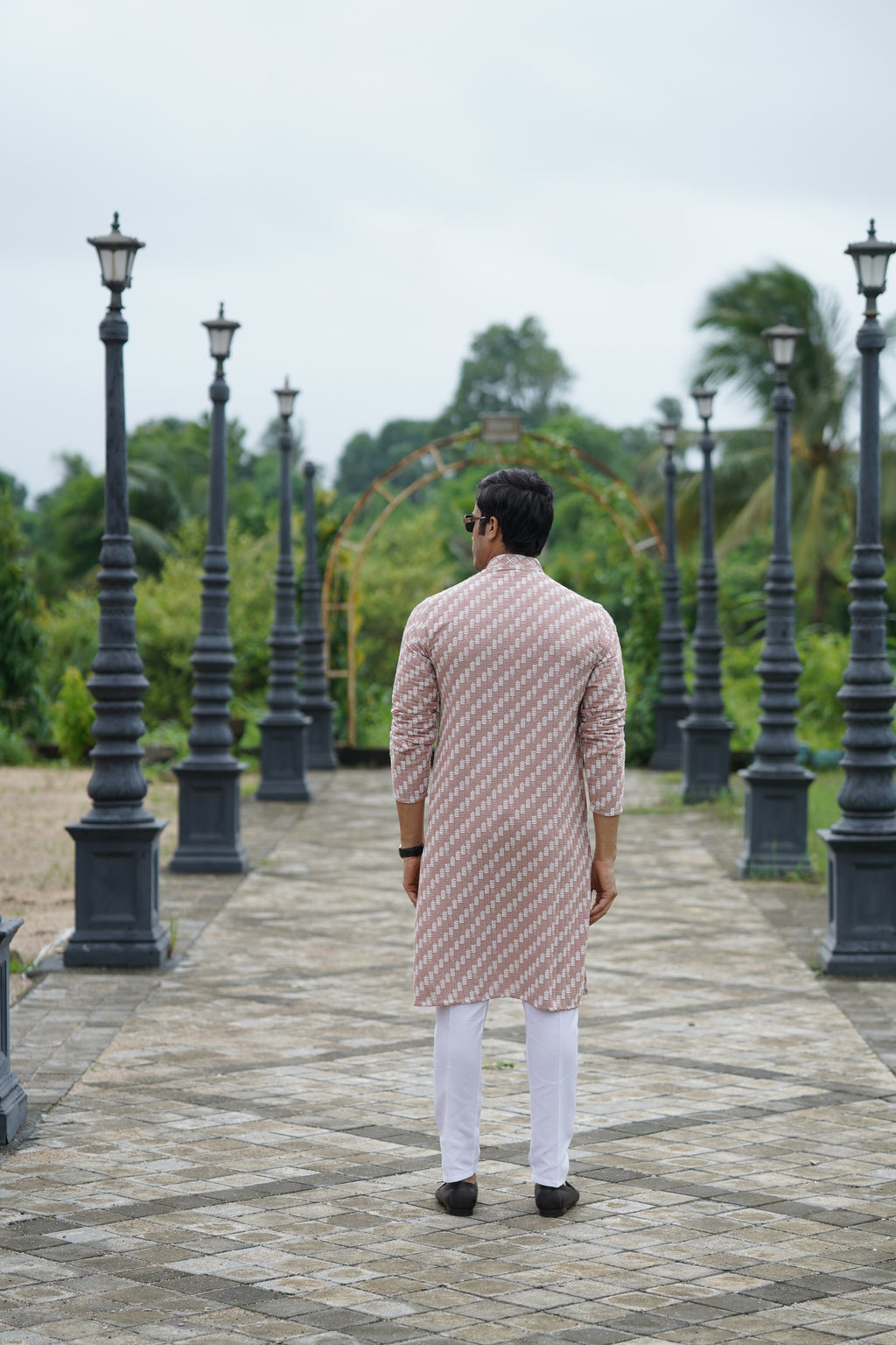 Rust Pink Designer Lucknowi Embroidered Men's Kurta Pyjama Set