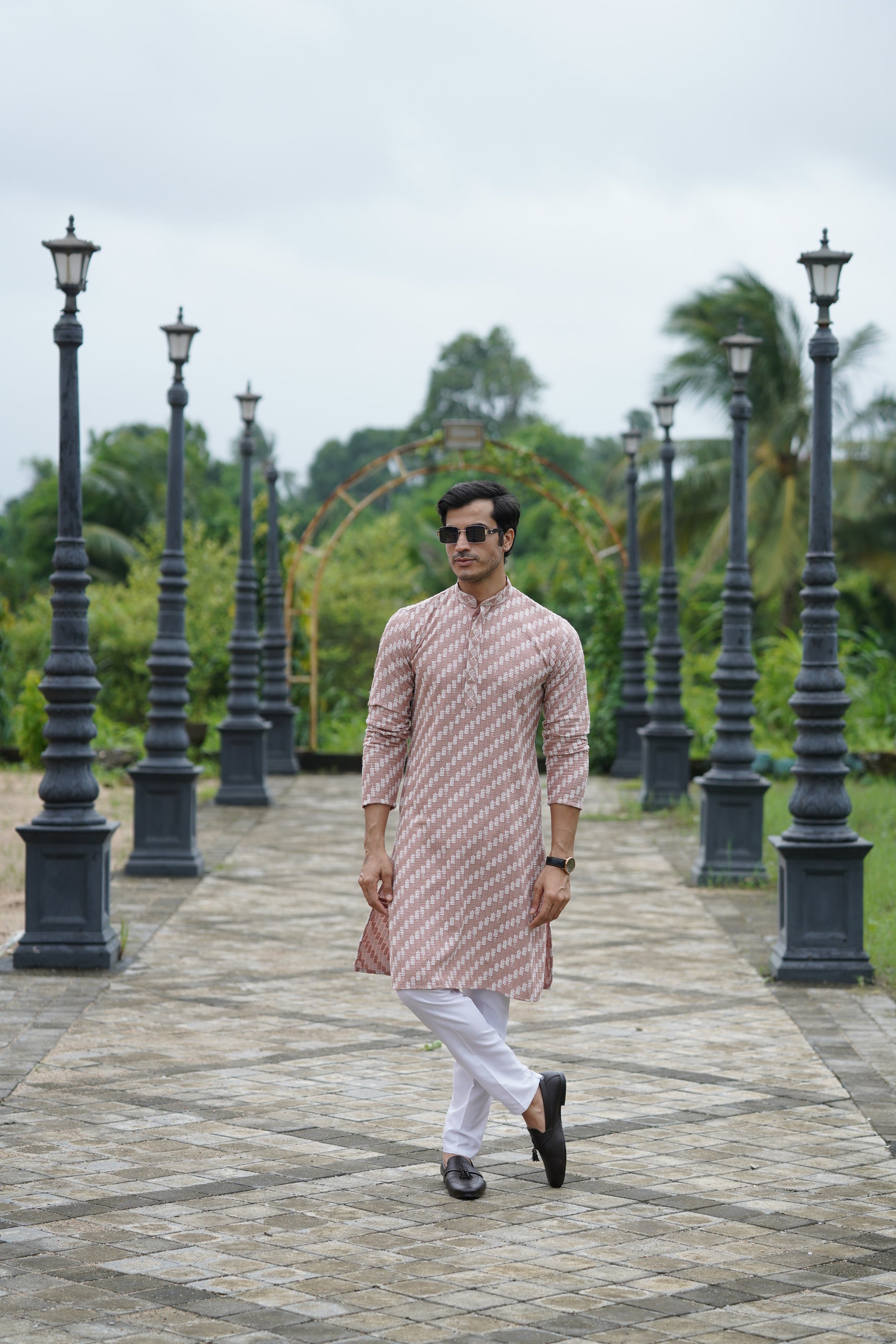 Rust Pink Designer Lucknowi Embroidered Men's Kurta Pyjama Set