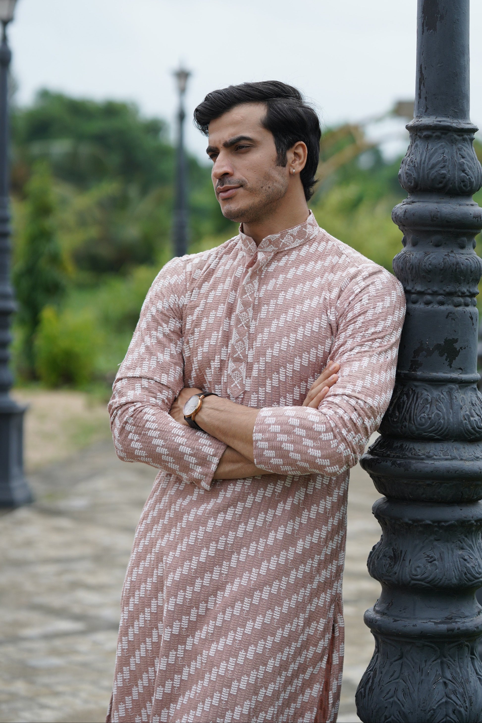 Rust Pink Designer Lucknowi Embroidered Men's Kurta Pyjama Set