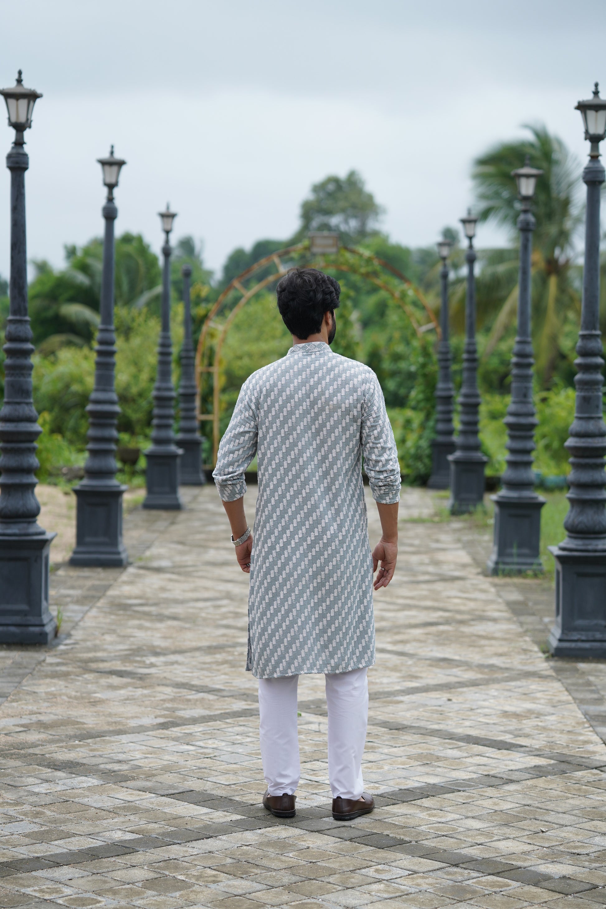 Blue Grey Designer Lucknowi Embroidered Men's Kurta Pyjama Set