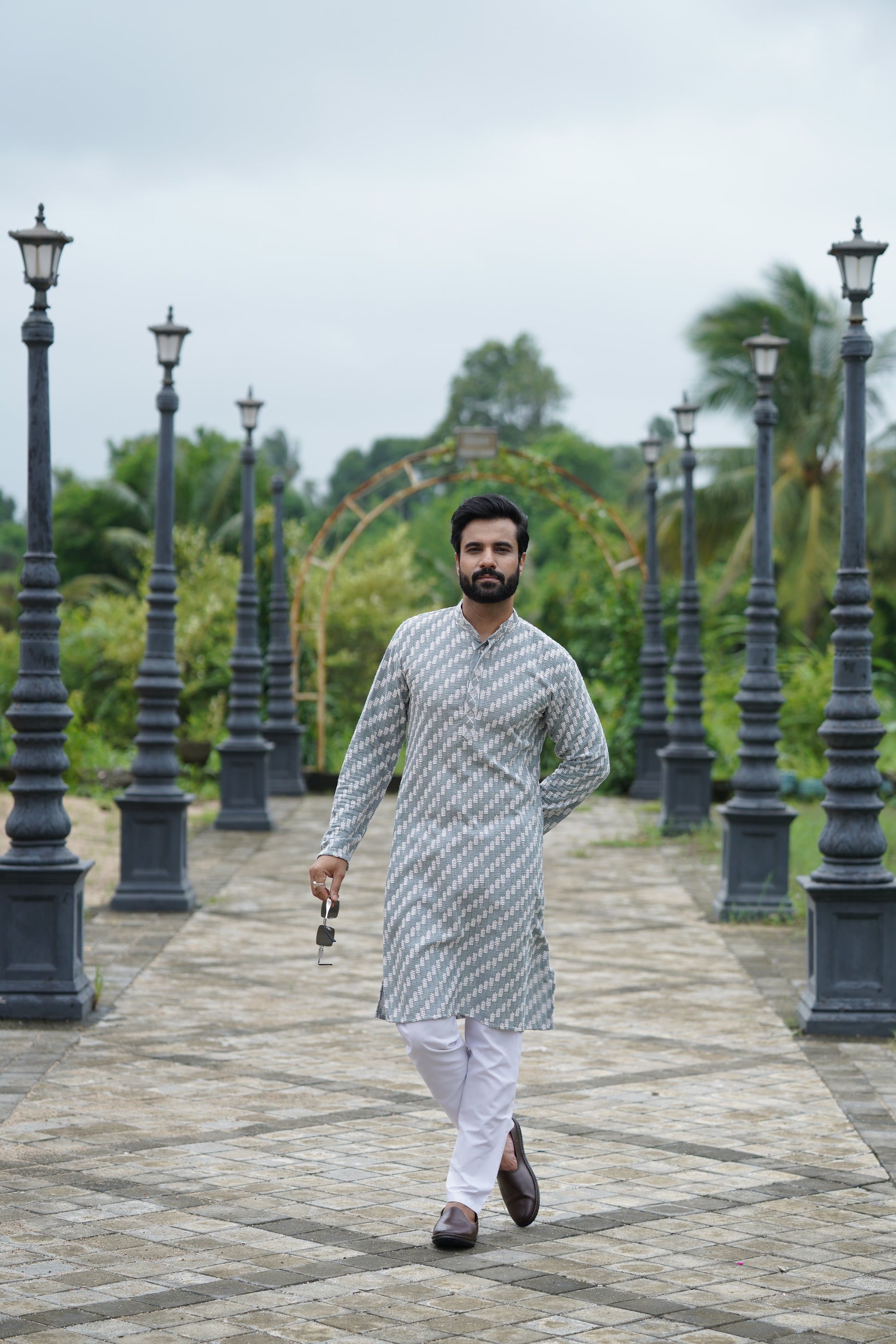 Blue Grey Designer Lucknowi Embroidered Men's Kurta Pyjama Set
