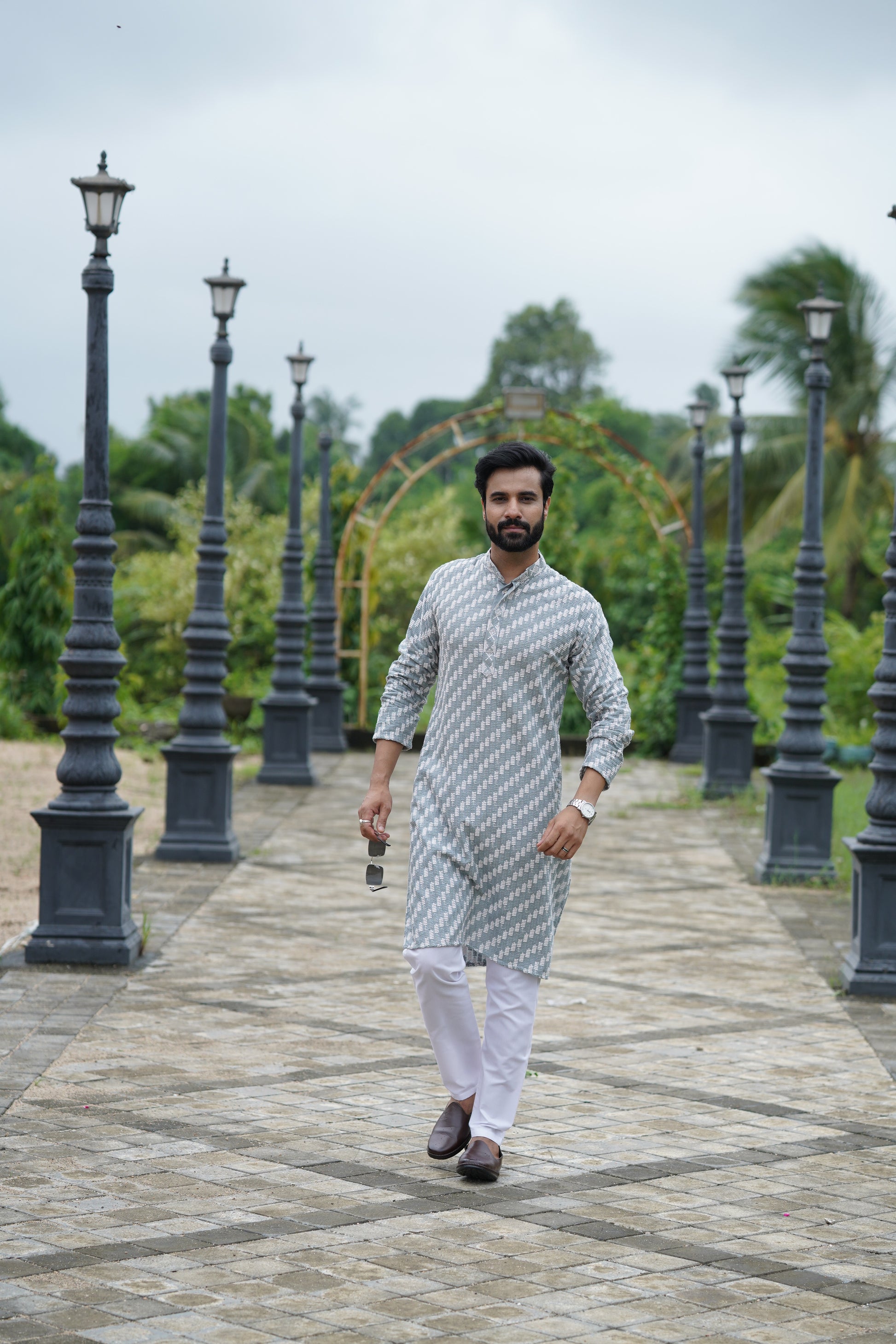 Blue Grey Designer Lucknowi Embroidered Men's Kurta Pyjama Set