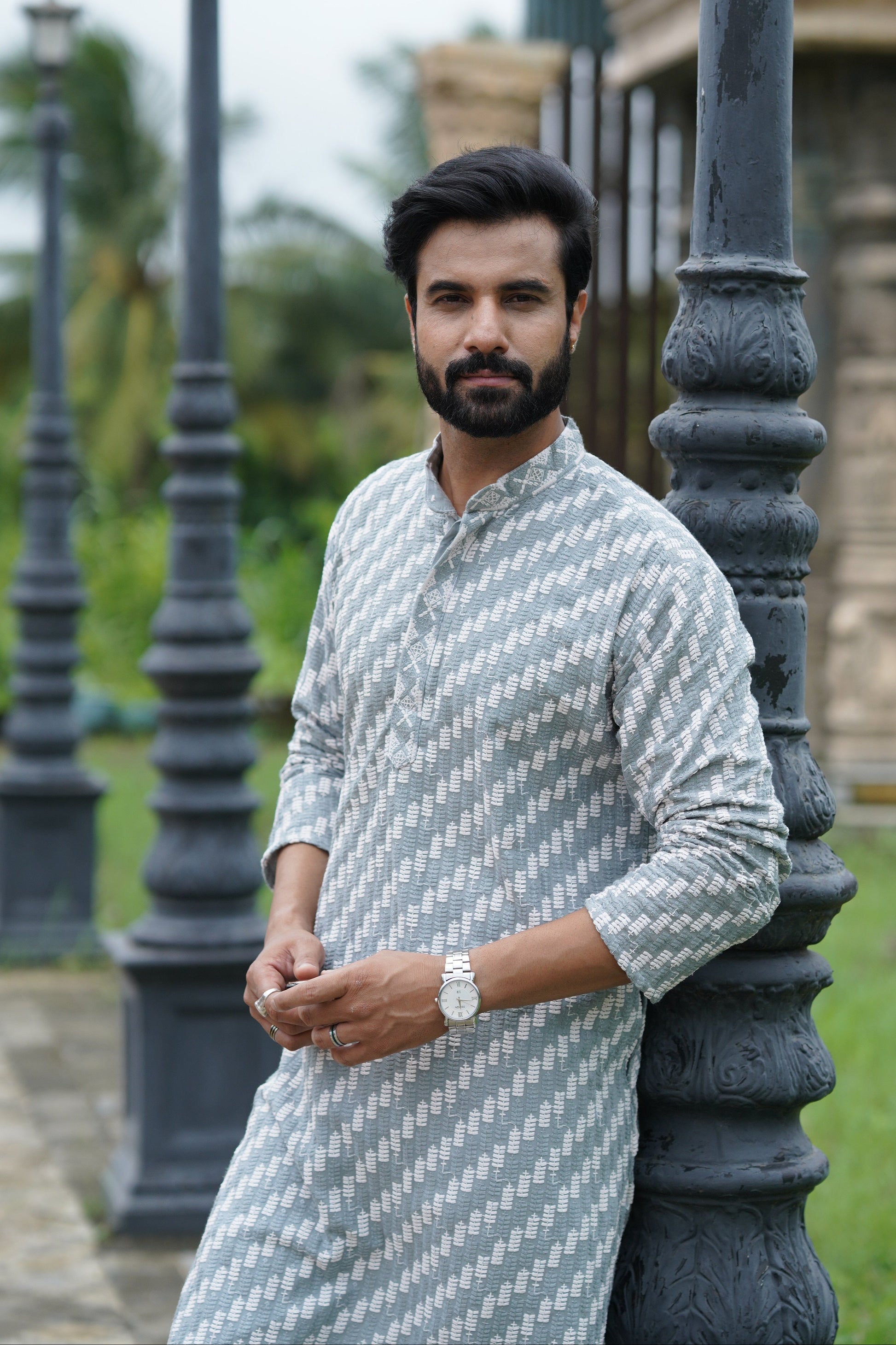 Blue Grey Designer Lucknowi Embroidered Men's Kurta Pyjama Set
