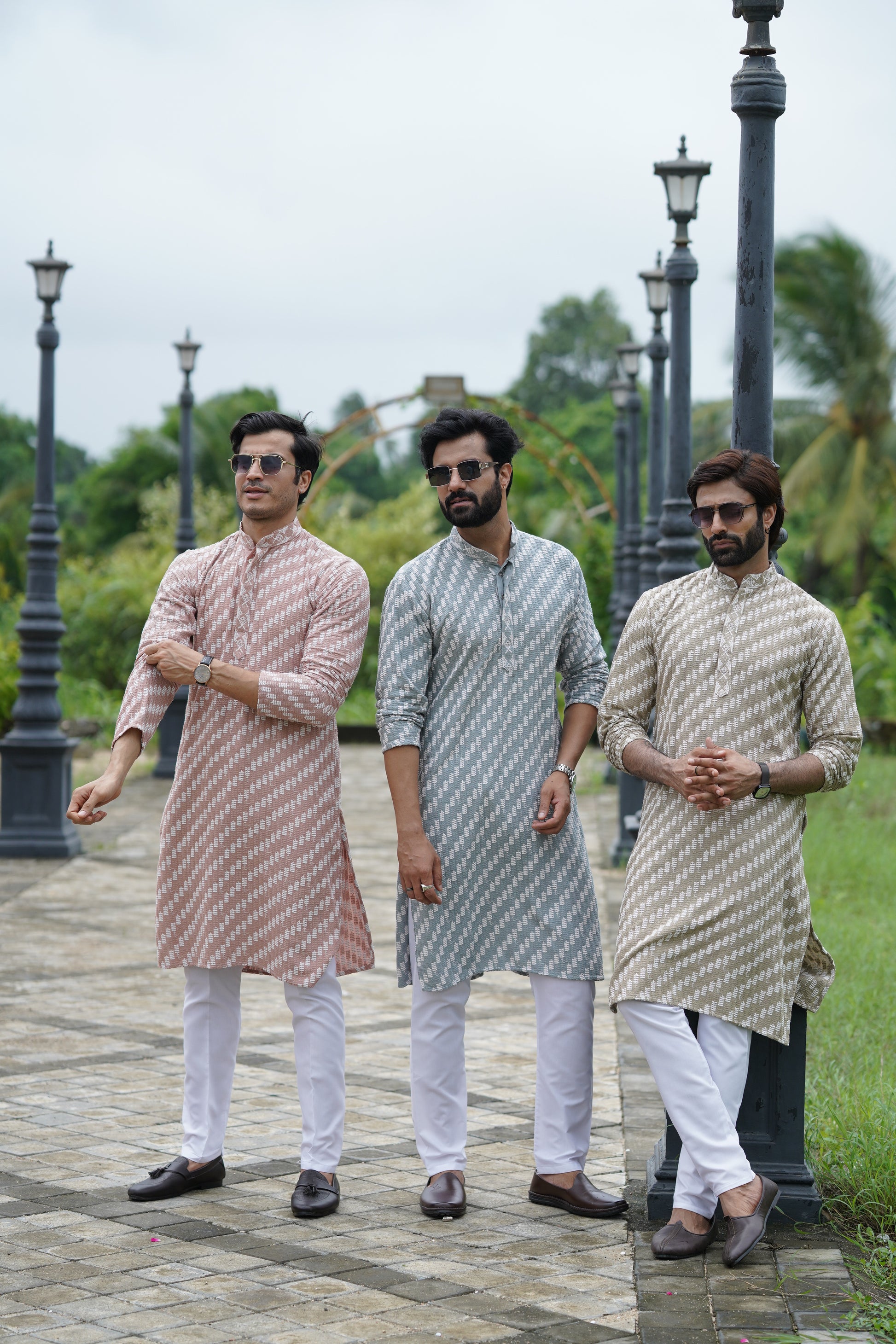 Blue Grey Designer Lucknowi Embroidered Men's Kurta Pyjama Set
