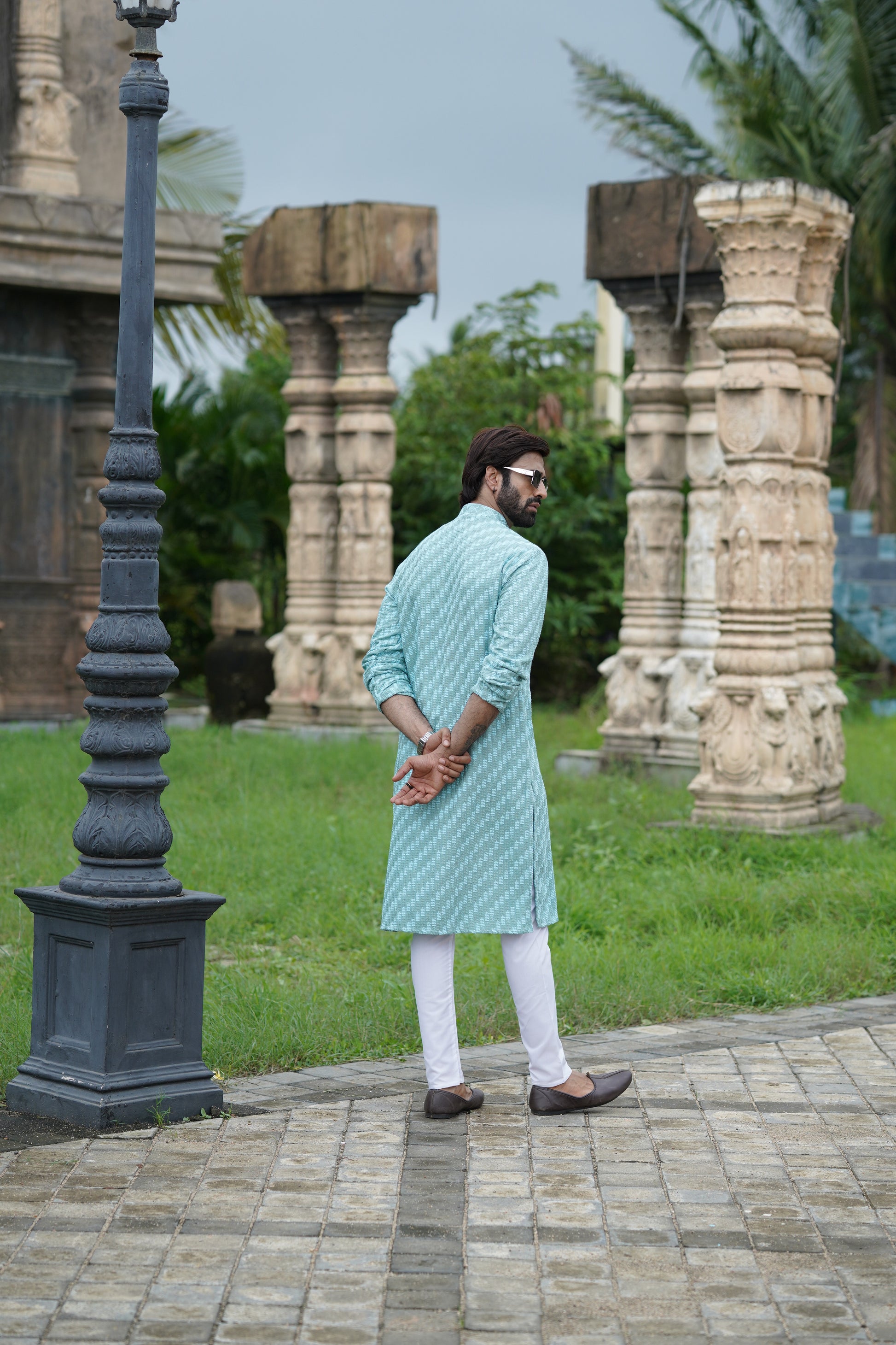 Aqua Blue Designer Lucknowi Embroidered Men's Kurta Pyjama Set