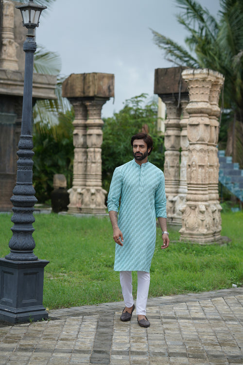 Aqua Blue Designer Lucknowi Embroidered Men's Kurta Pyjama Set