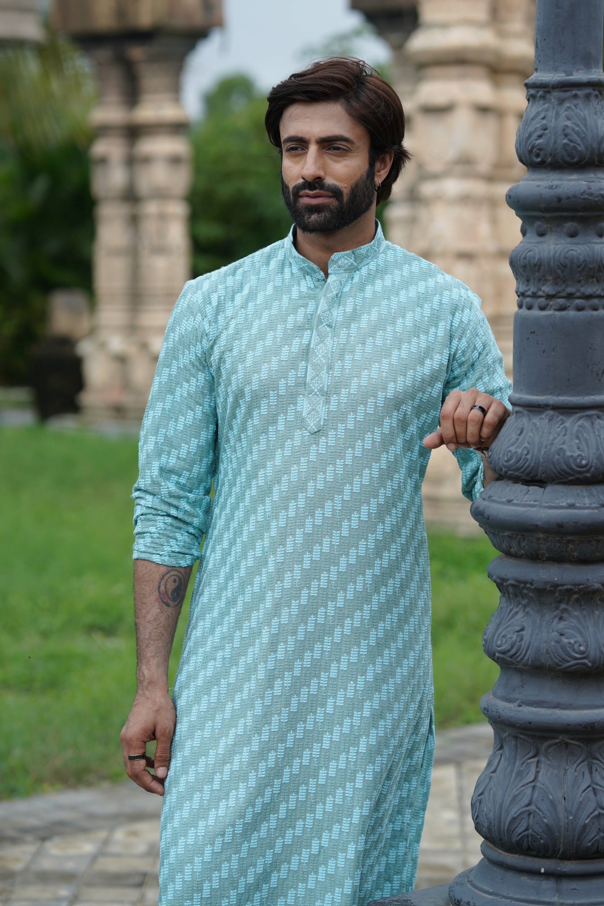 Aqua Blue Designer Lucknowi Embroidered Men's Kurta Pyjama Set