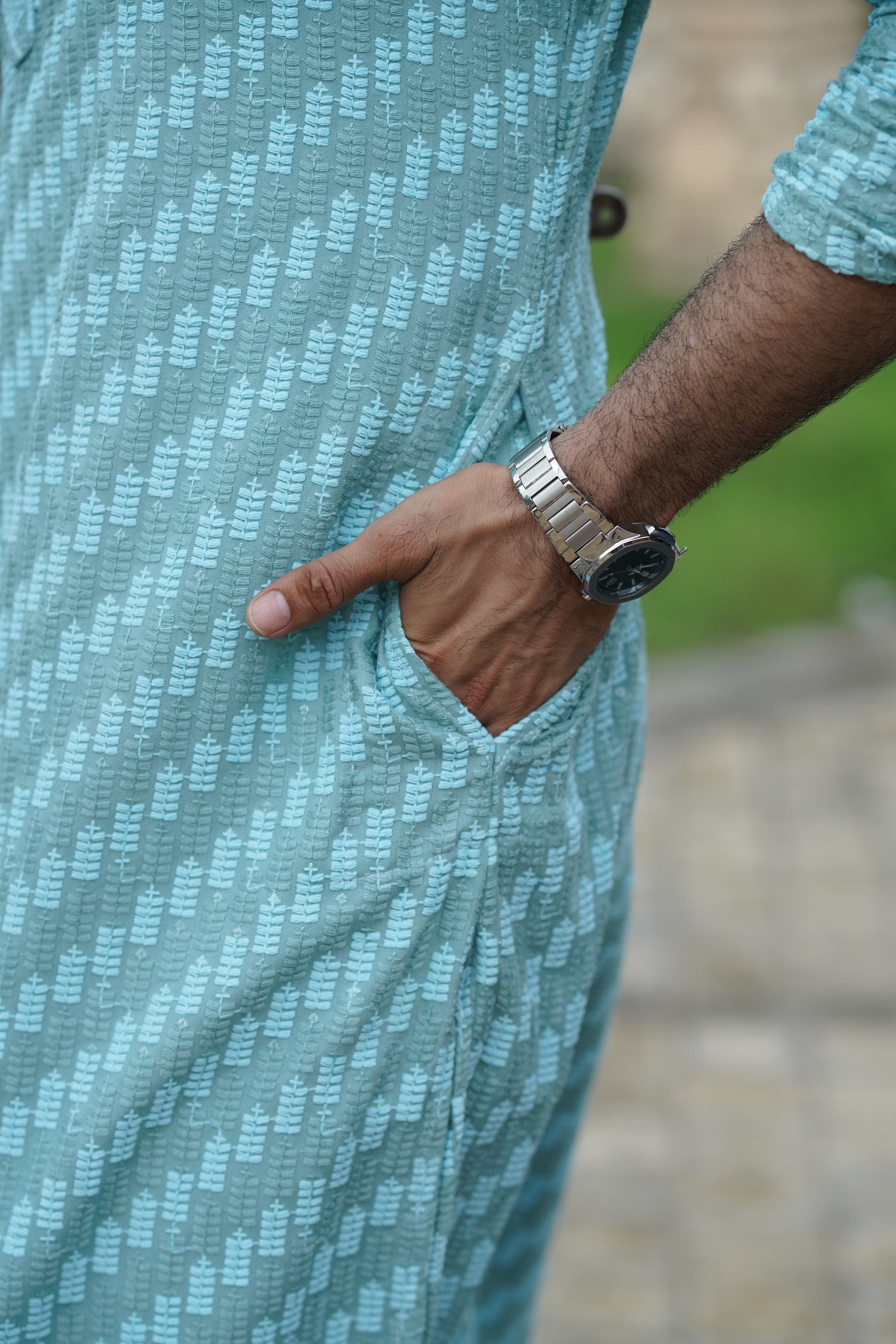 Aqua Blue Designer Lucknowi Embroidered Men's Kurta Pyjama Set