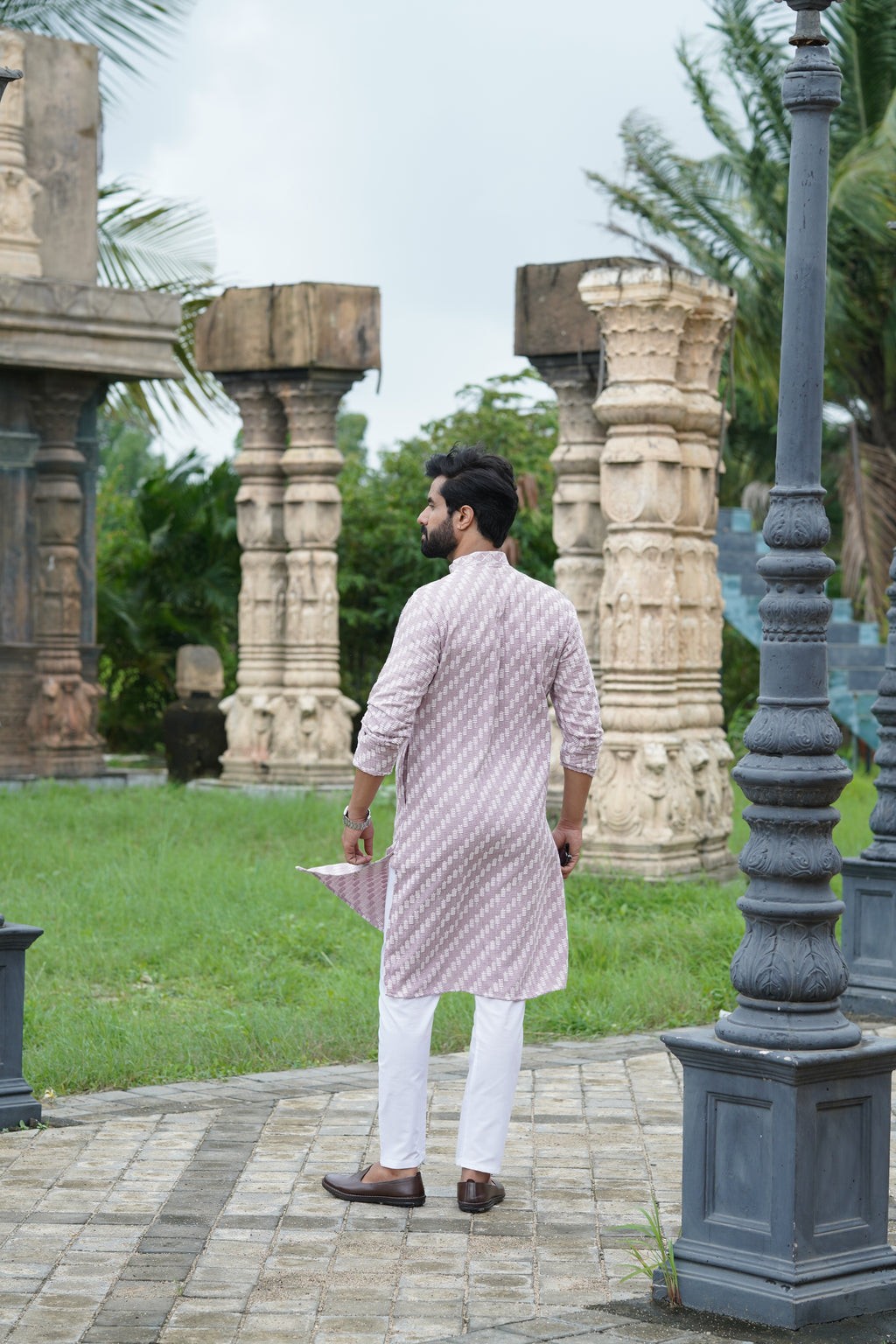 Mauve Designer Lucknowi Embroidered Men's Kurta Pyjama Set