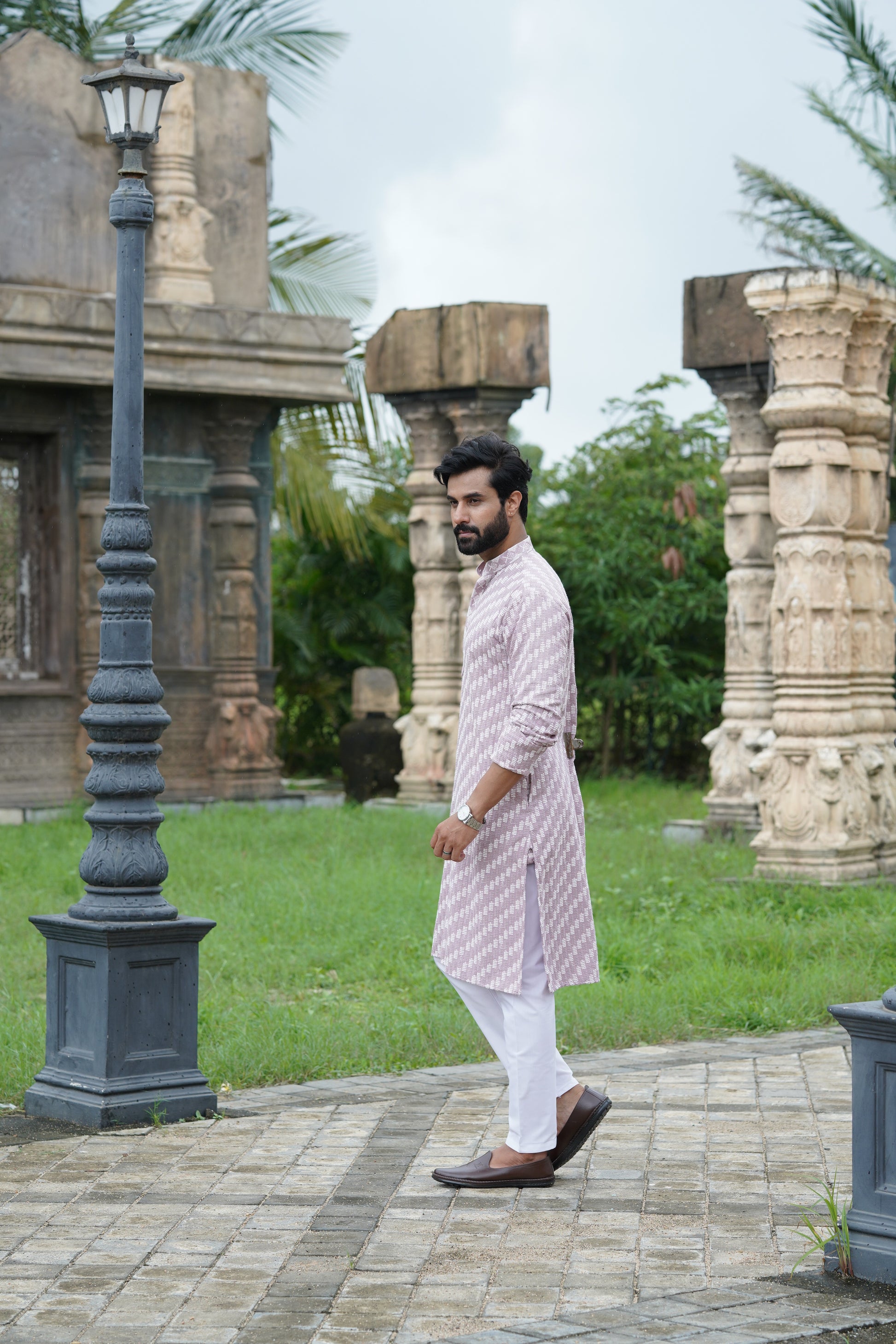 Mauve Designer Lucknowi Embroidered Men's Kurta Pyjama Set