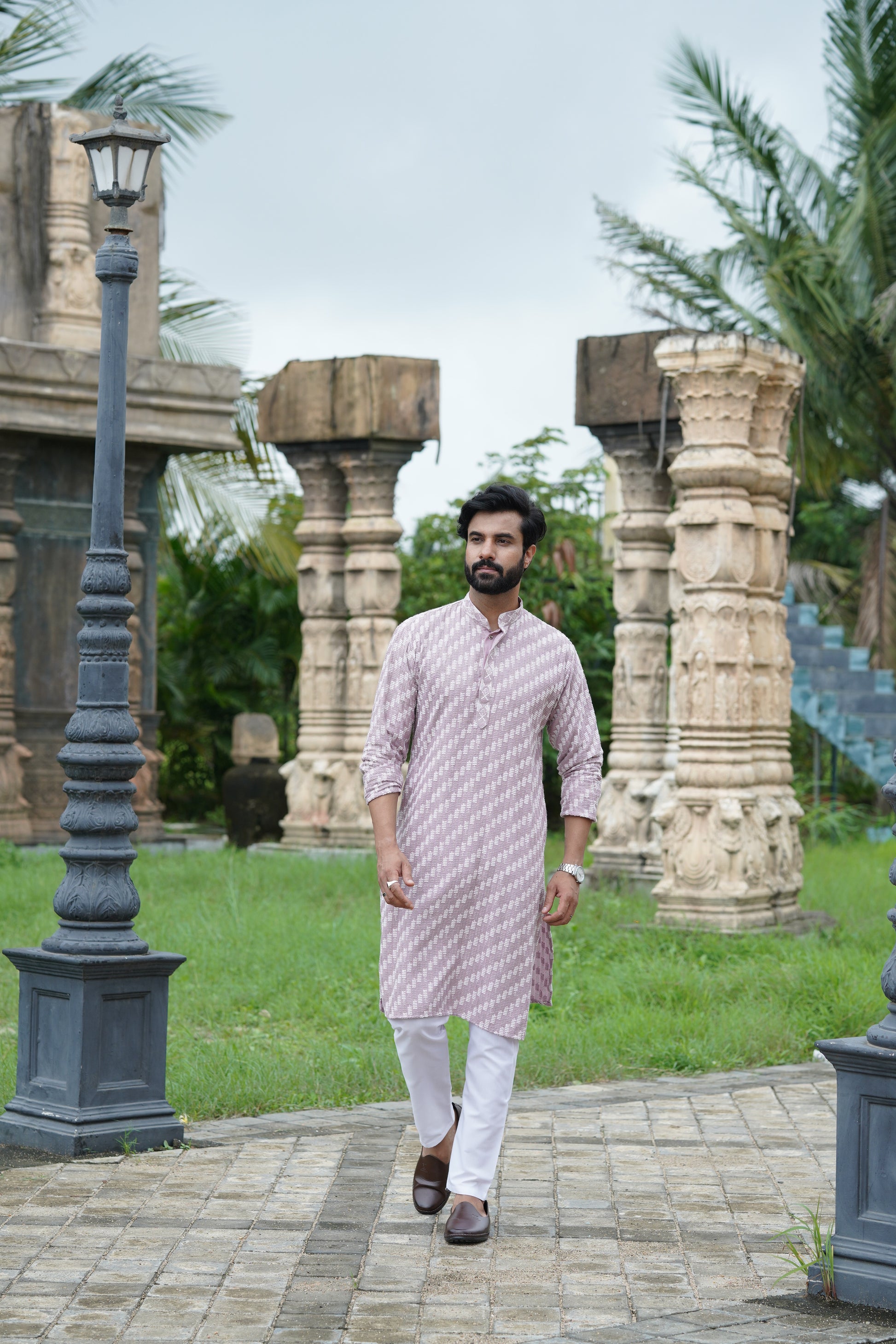 Mauve Designer Lucknowi Embroidered Men's Kurta Pyjama Set