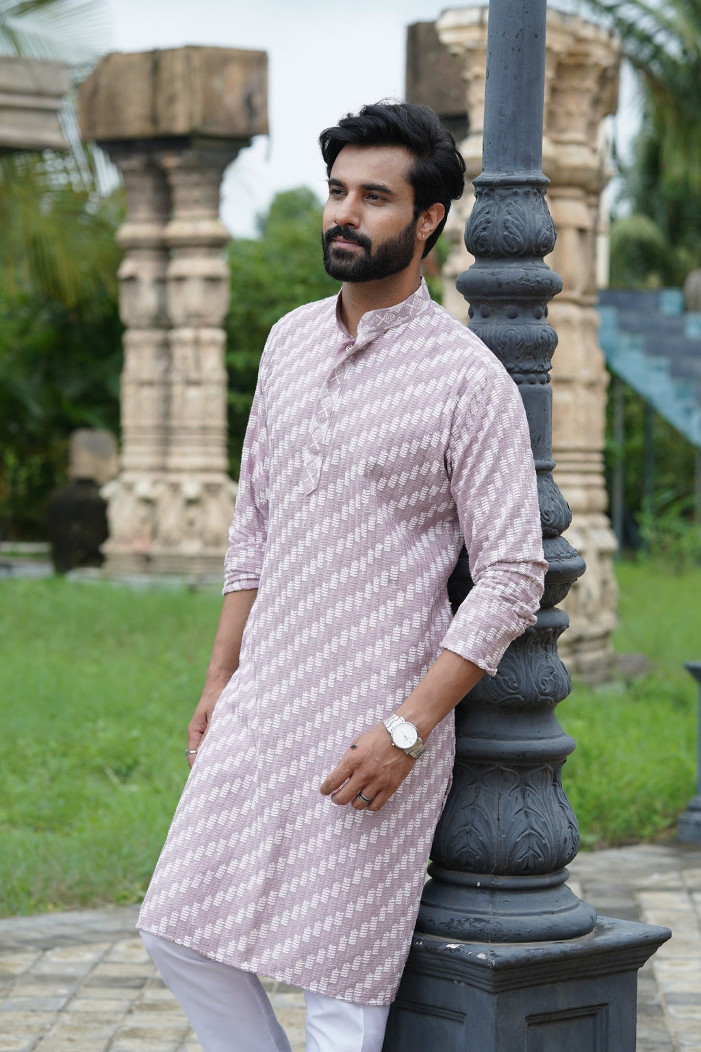 Mauve Designer Lucknowi Embroidered Men's Kurta Pyjama Set