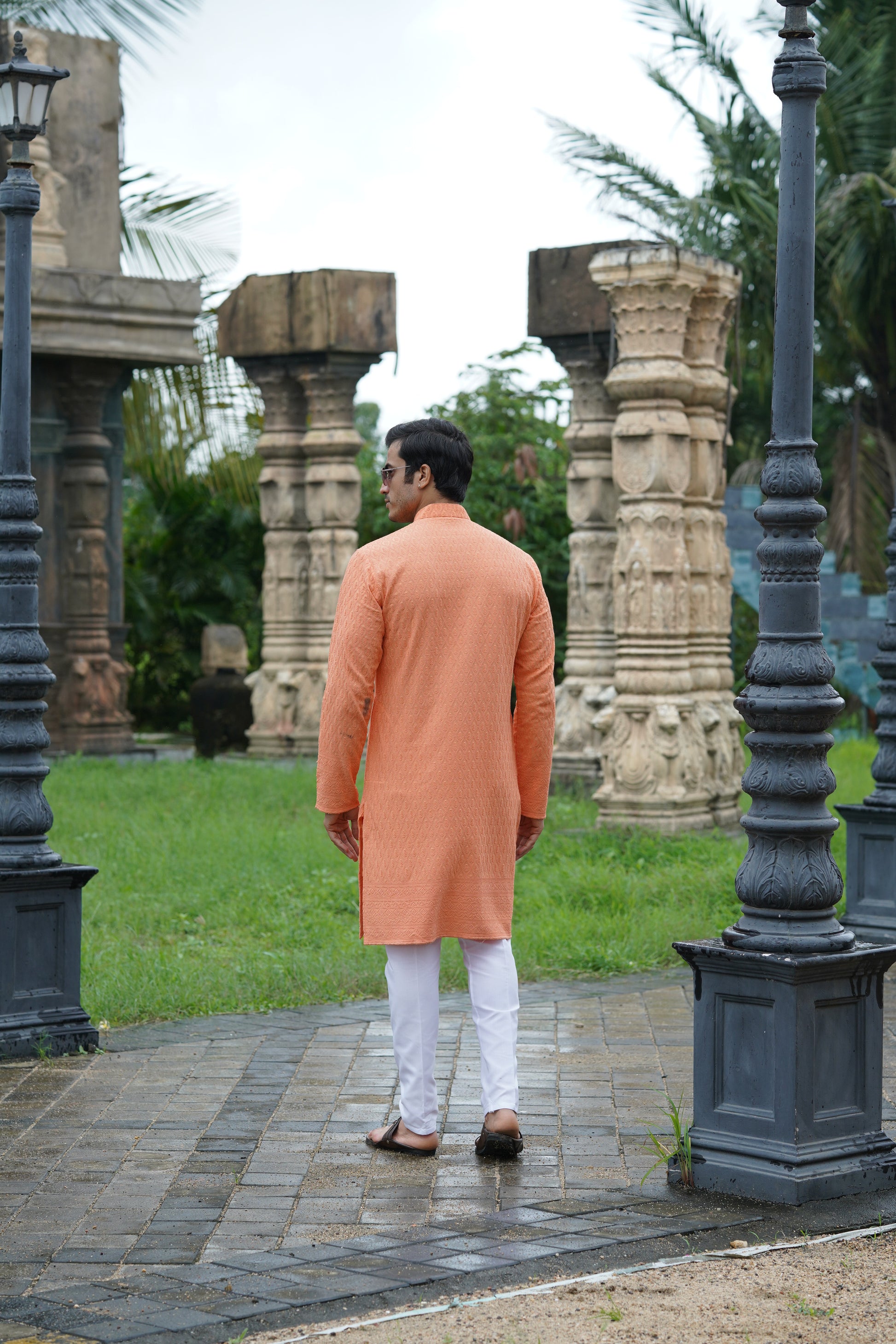 Peach Chikankari Embroidered Men’s Kurta Pyjama Set