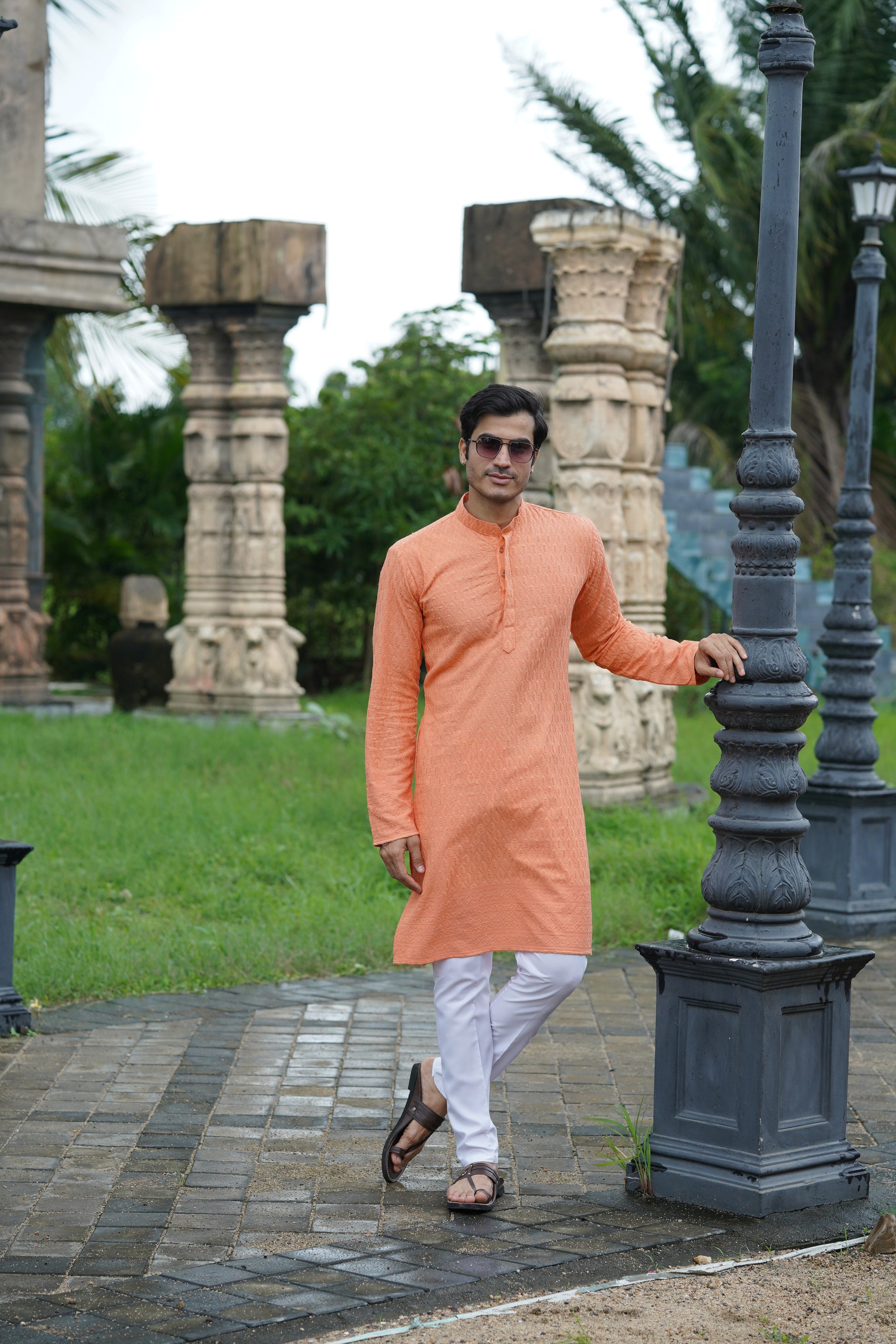 Peach Chikankari Embroidered Men’s Kurta Pyjama Set