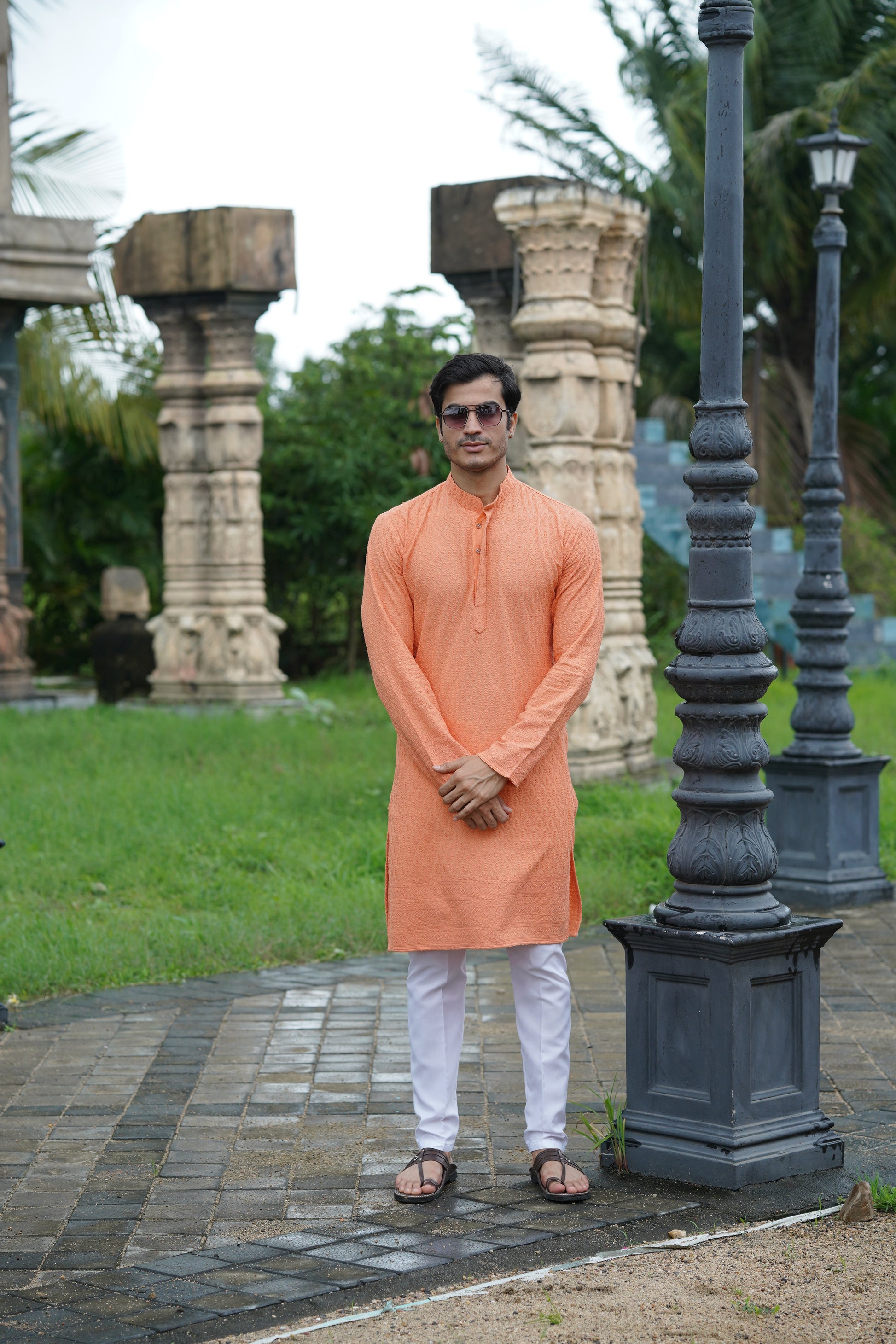 Peach Chikankari Embroidered Men’s Kurta Pyjama Set