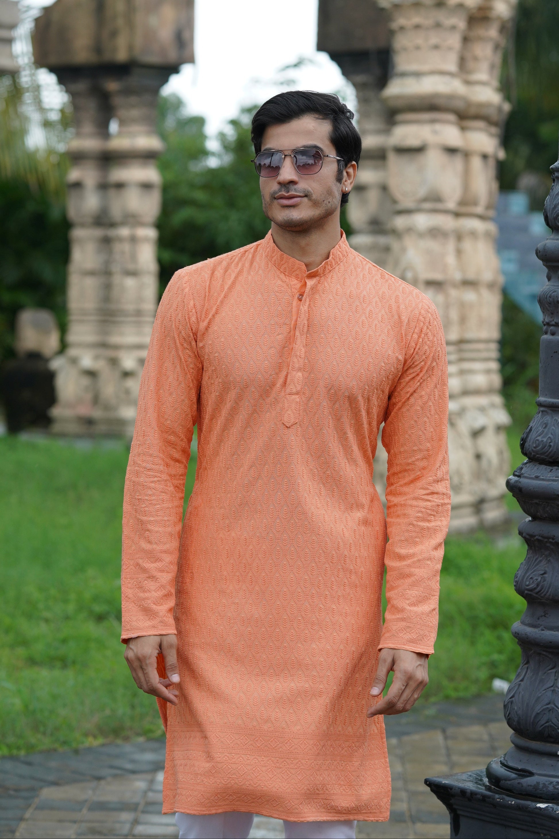 Peach Chikankari Embroidered Men’s Kurta Pyjama Set