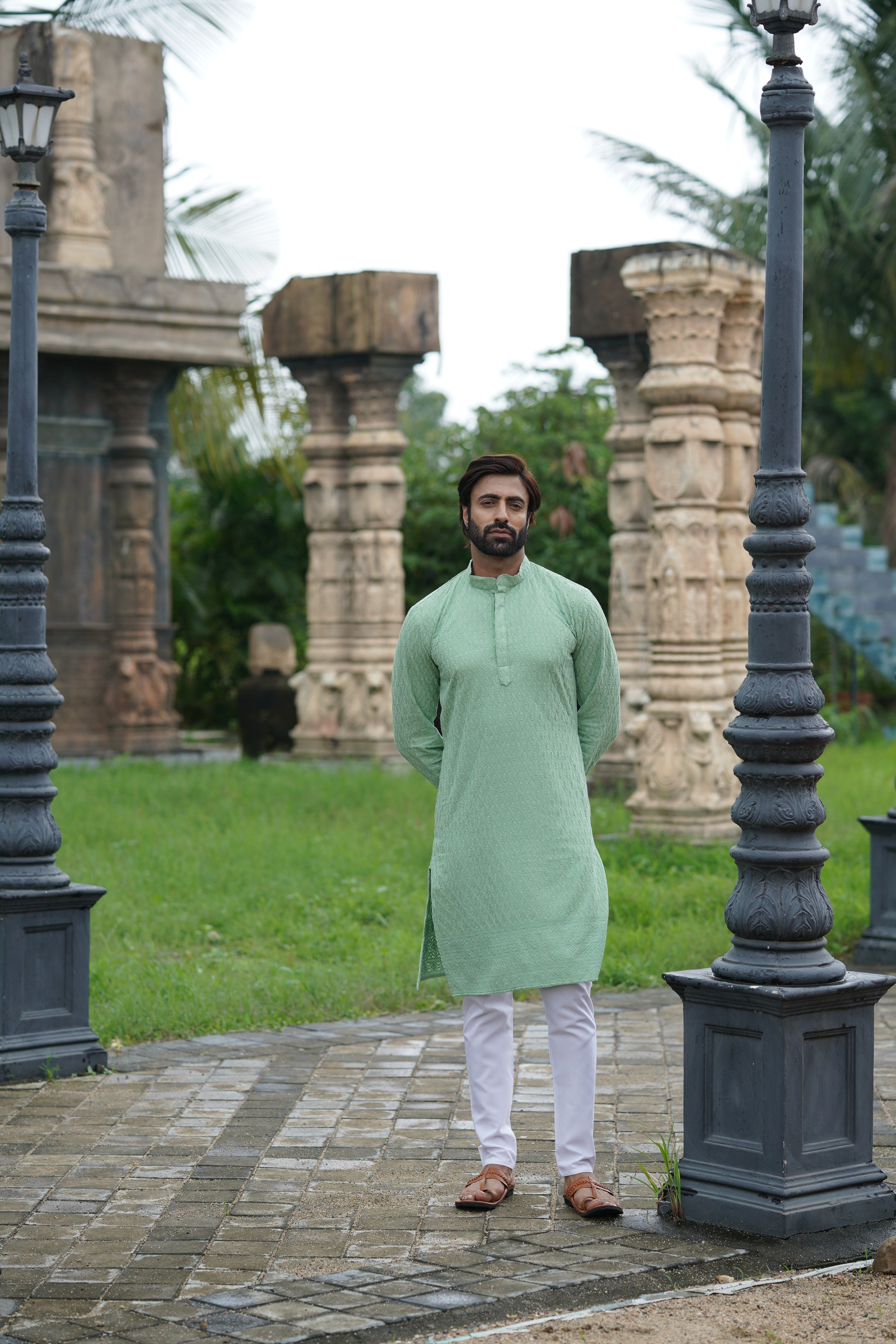Pista Green Chikankari Embroidered Men’s Kurta Pyjama Set